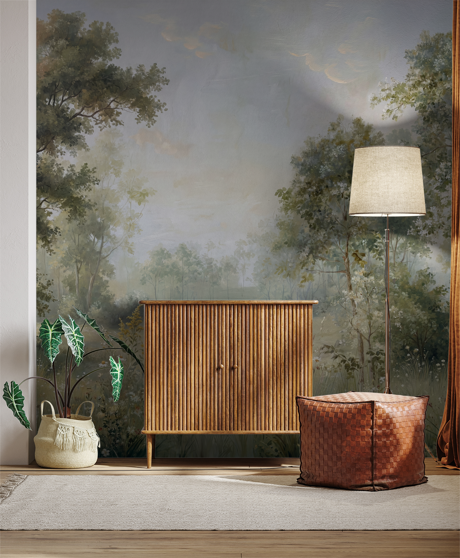 Eden's Embrace wallpaper with serene woodland scene in a cozy living room with wooden furniture.