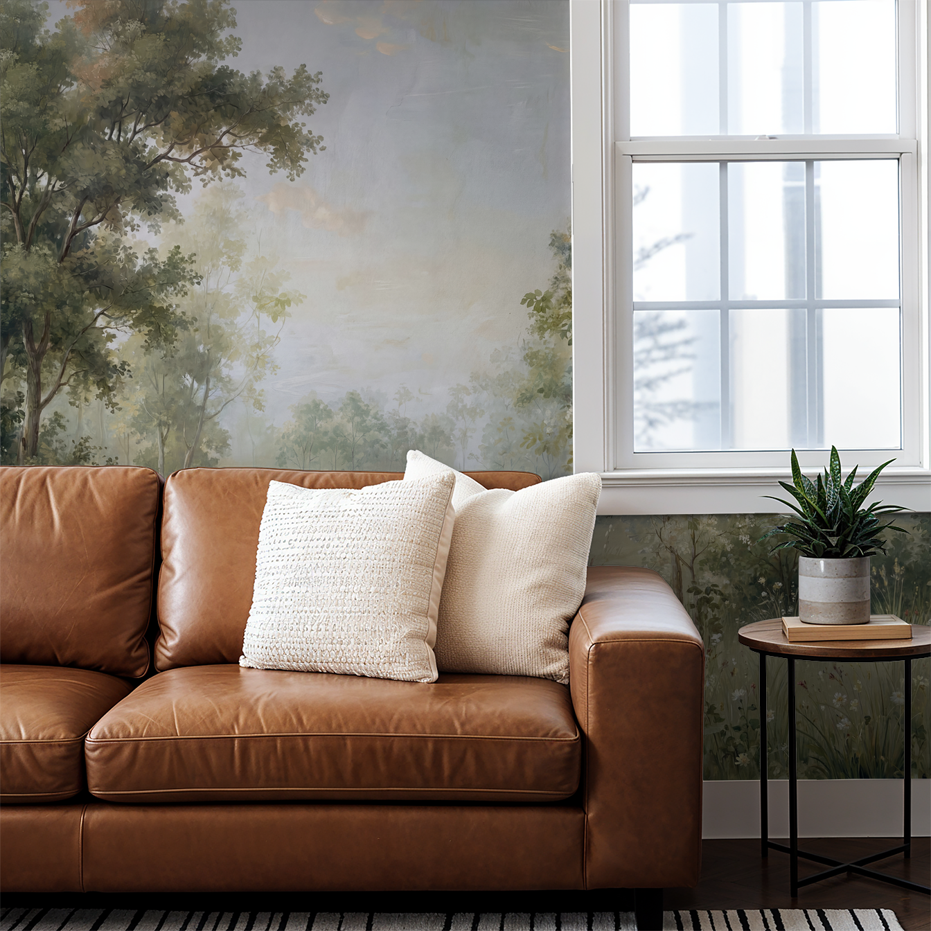 Eden's Embrace wallpaper with serene woodland scene in living room with brown leather sofa.