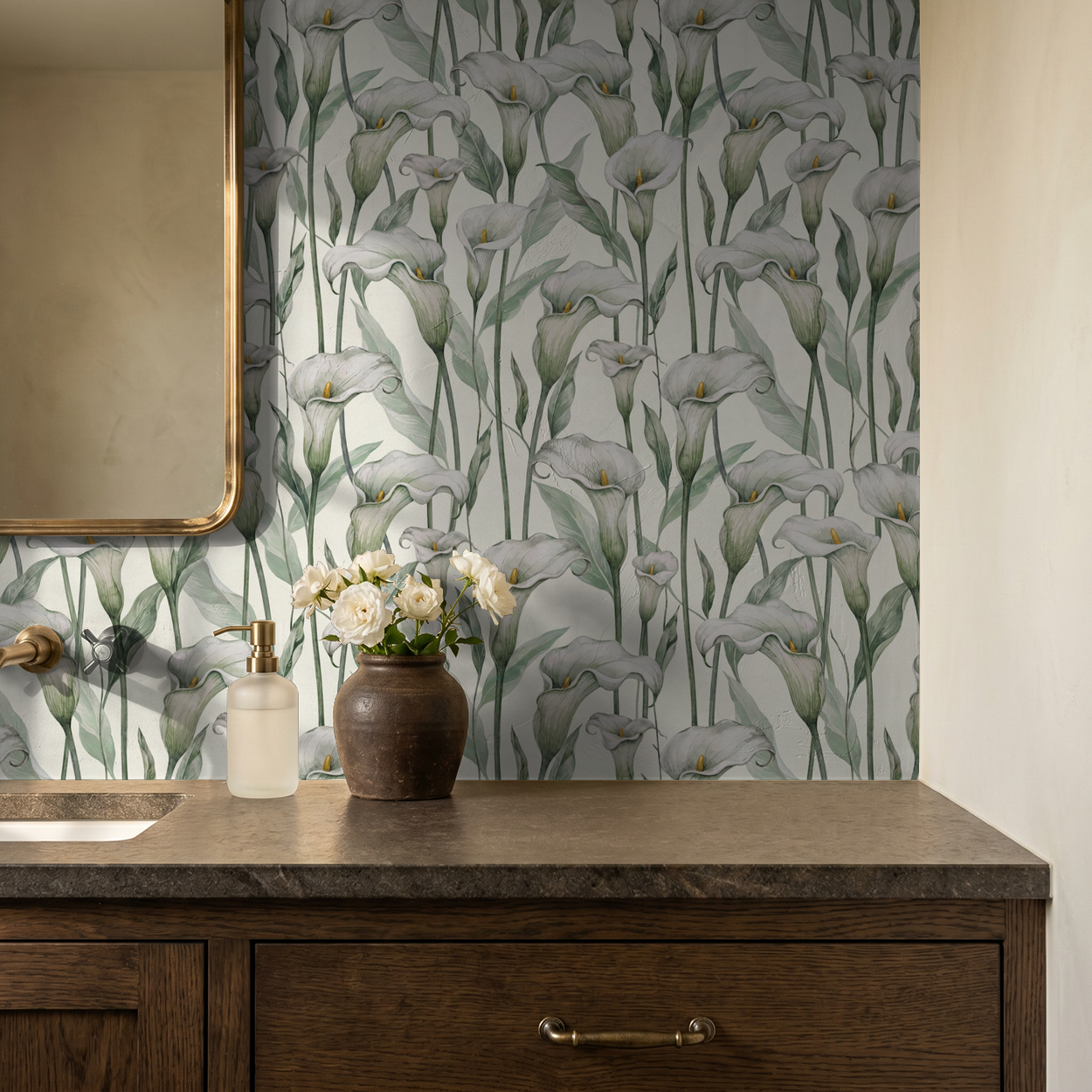 Elegant calla lily wallpaper in bathroom with wood vanity and mirror.