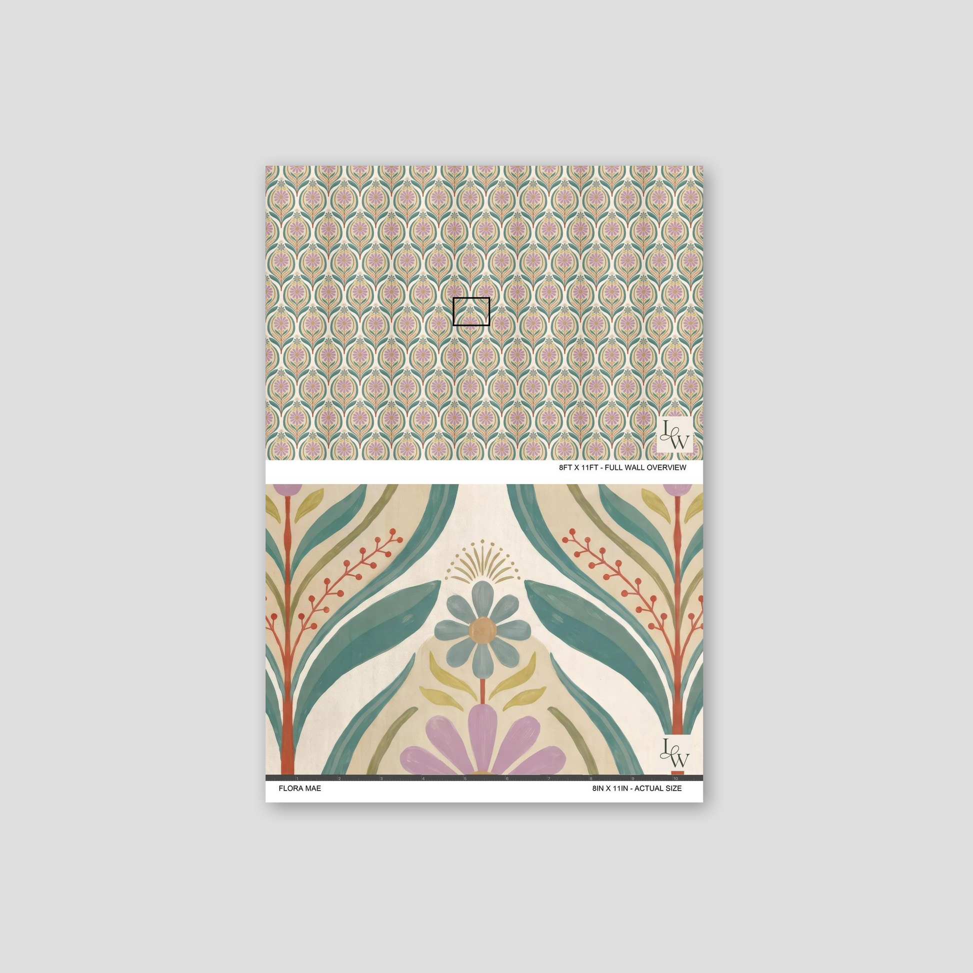 Flora Mae wallpaper with lilac florals and teal leaves in a vintage boho style.