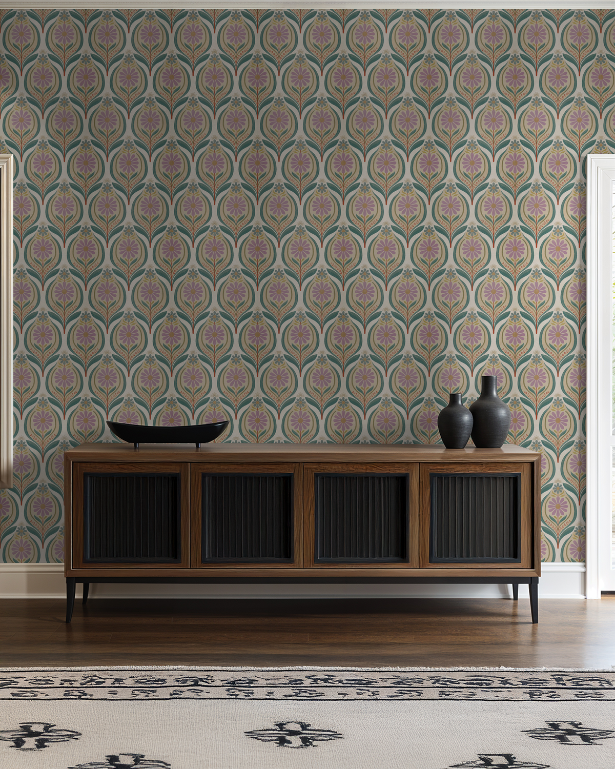 Flora Mae wallpaper with lilac florals and teal leaves in a vintage living room setting.