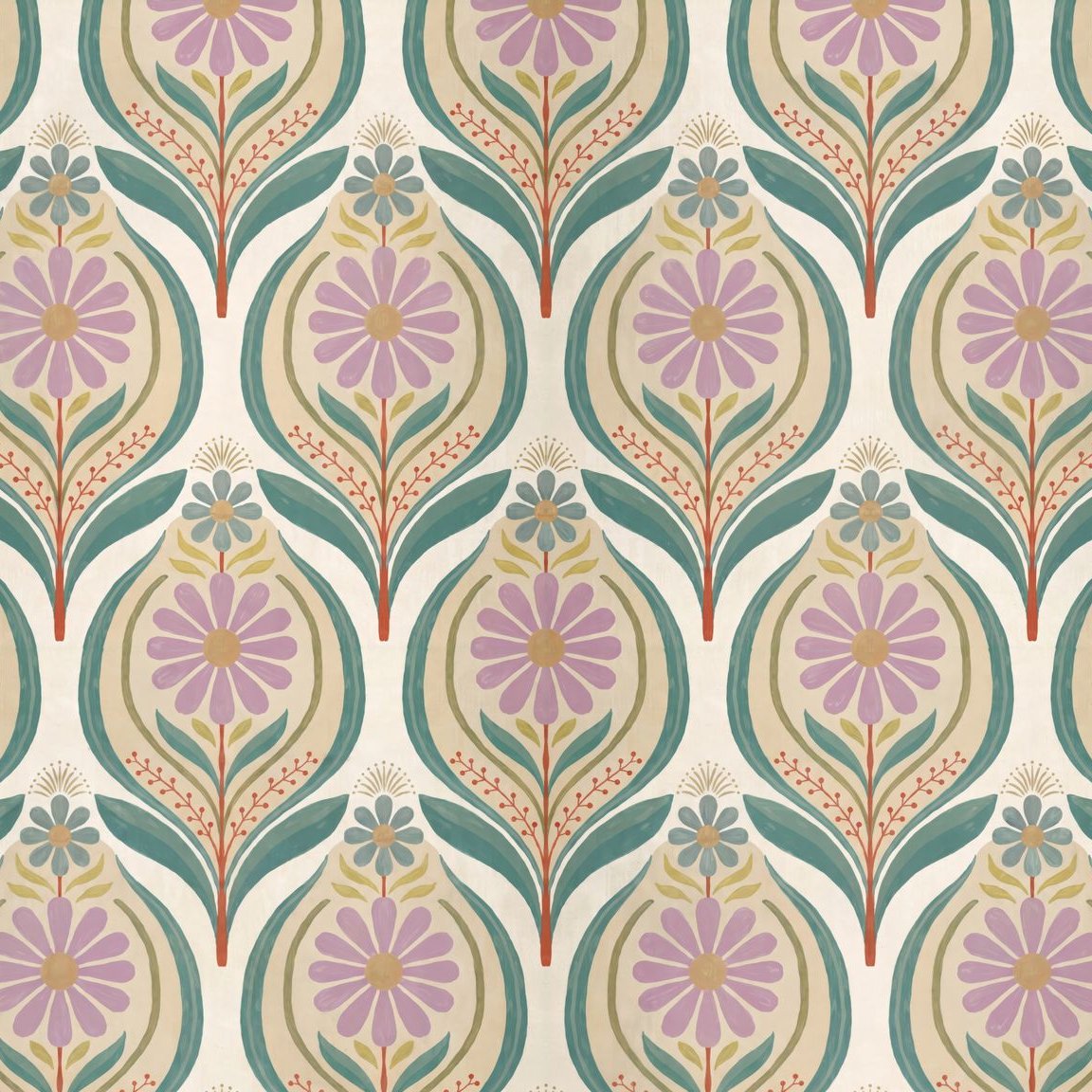 Flora Mae wallpaper with lilac florals and teal leaves in a vintage pattern.