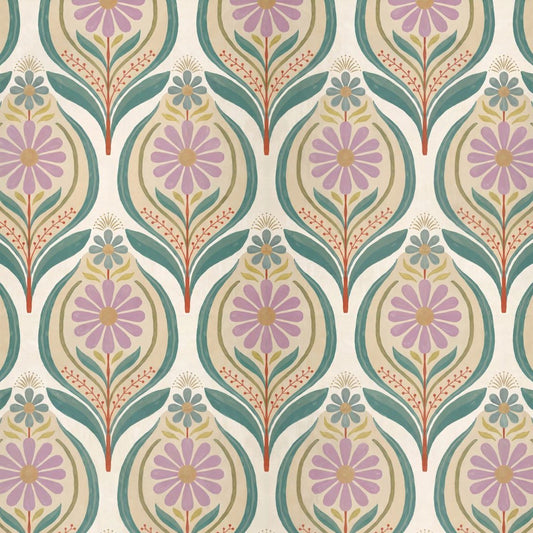 Flora Mae wallpaper with lilac florals and teal leaves in a vintage pattern.