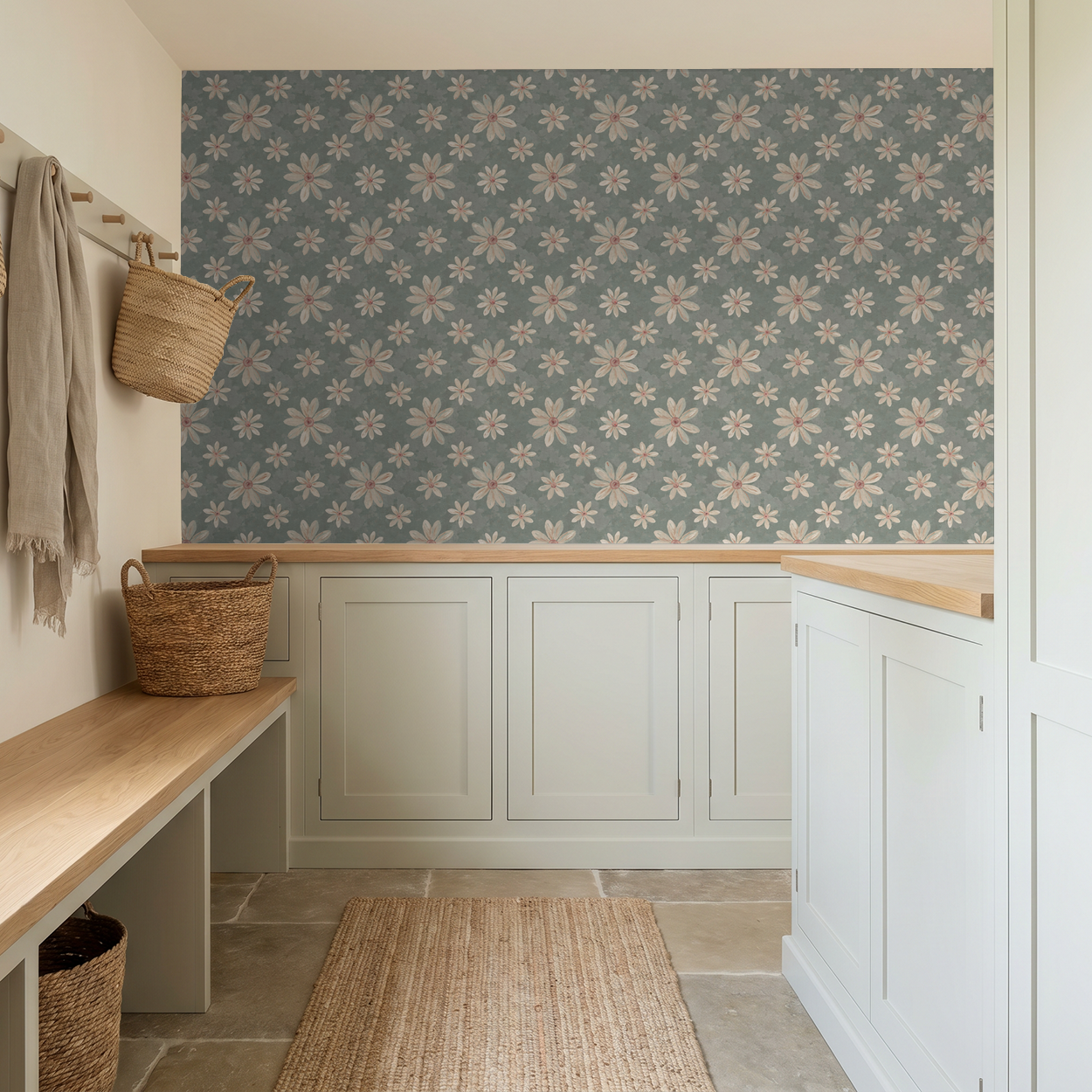 Floral wallpaper with creamy white and dusty pink daisies on sage background in rustic room.