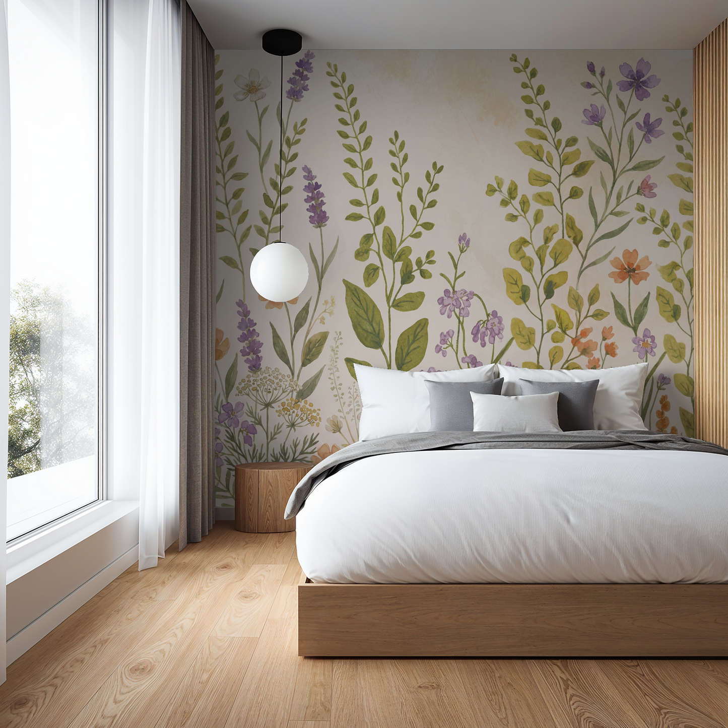 Floral wallpaper with lavender and wildflowers in a serene bedroom setting.