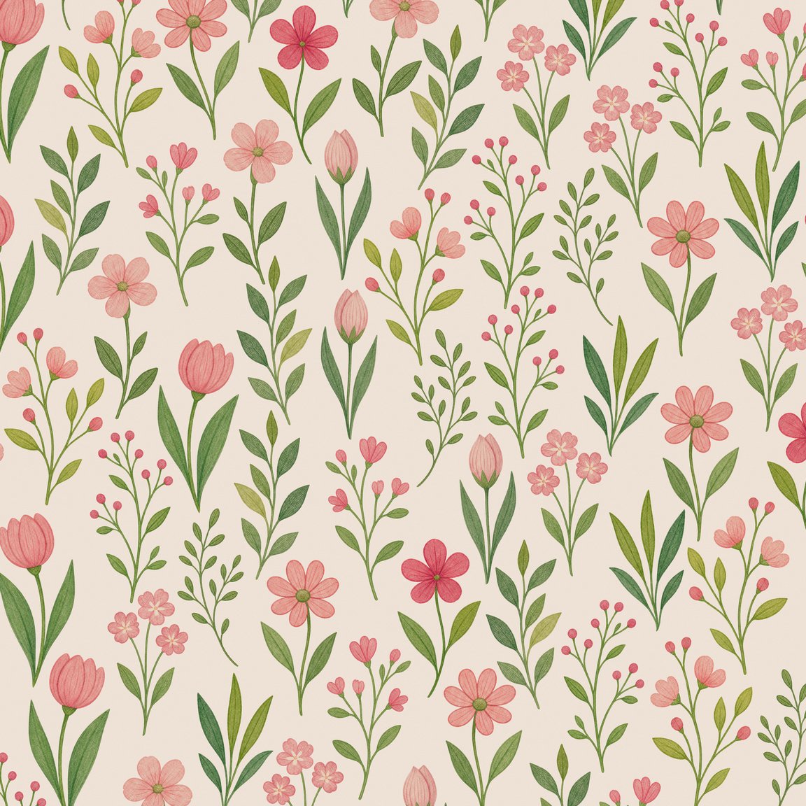 Floral wallpaper with pink tulips and green foliage on a cream background.