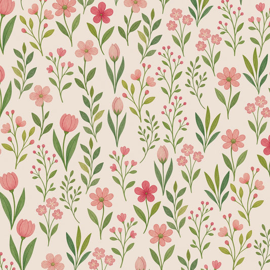 Floral wallpaper with pink tulips and green foliage on a cream background.