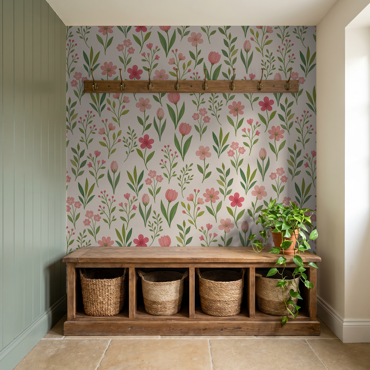 Floral wallpaper with pink tulips and green leaves in a cozy entryway.