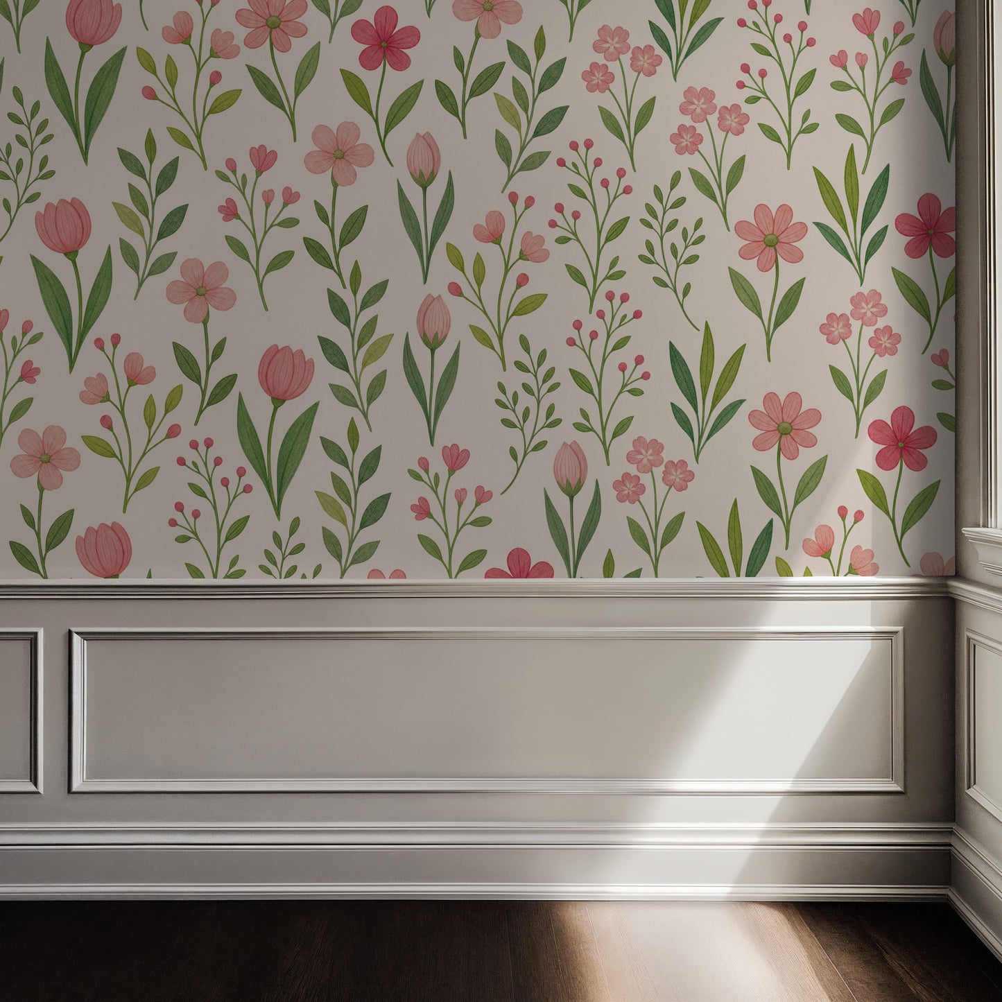 Floral wallpaper with pink tulips and green leaves in a sunlit room.