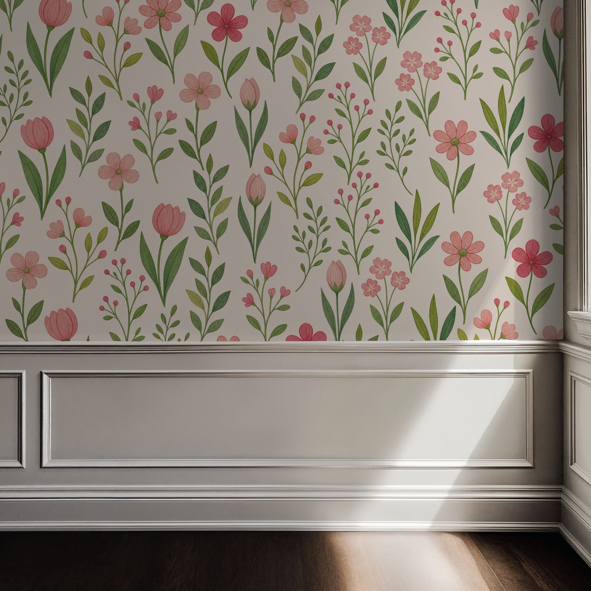 Floral wallpaper with pink tulips and green leaves in a sunlit room.