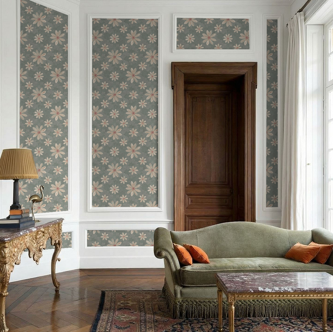 Floral wallpaper with creamy white and dusty pink petals on sage background in elegant living room.