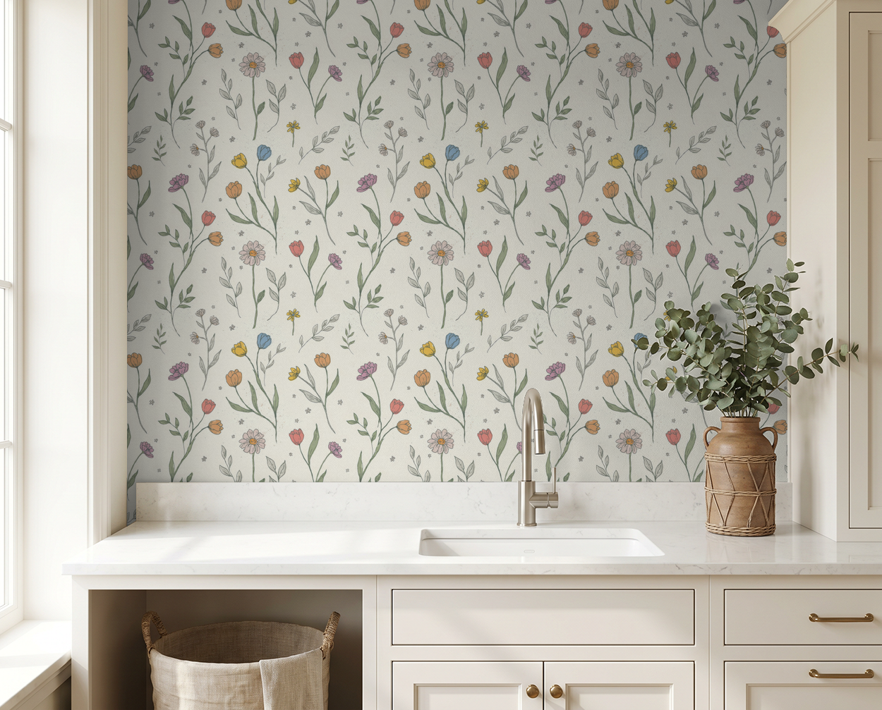 Floral wallpaper with tulips and daisies in pastel colors in a kitchen setting.