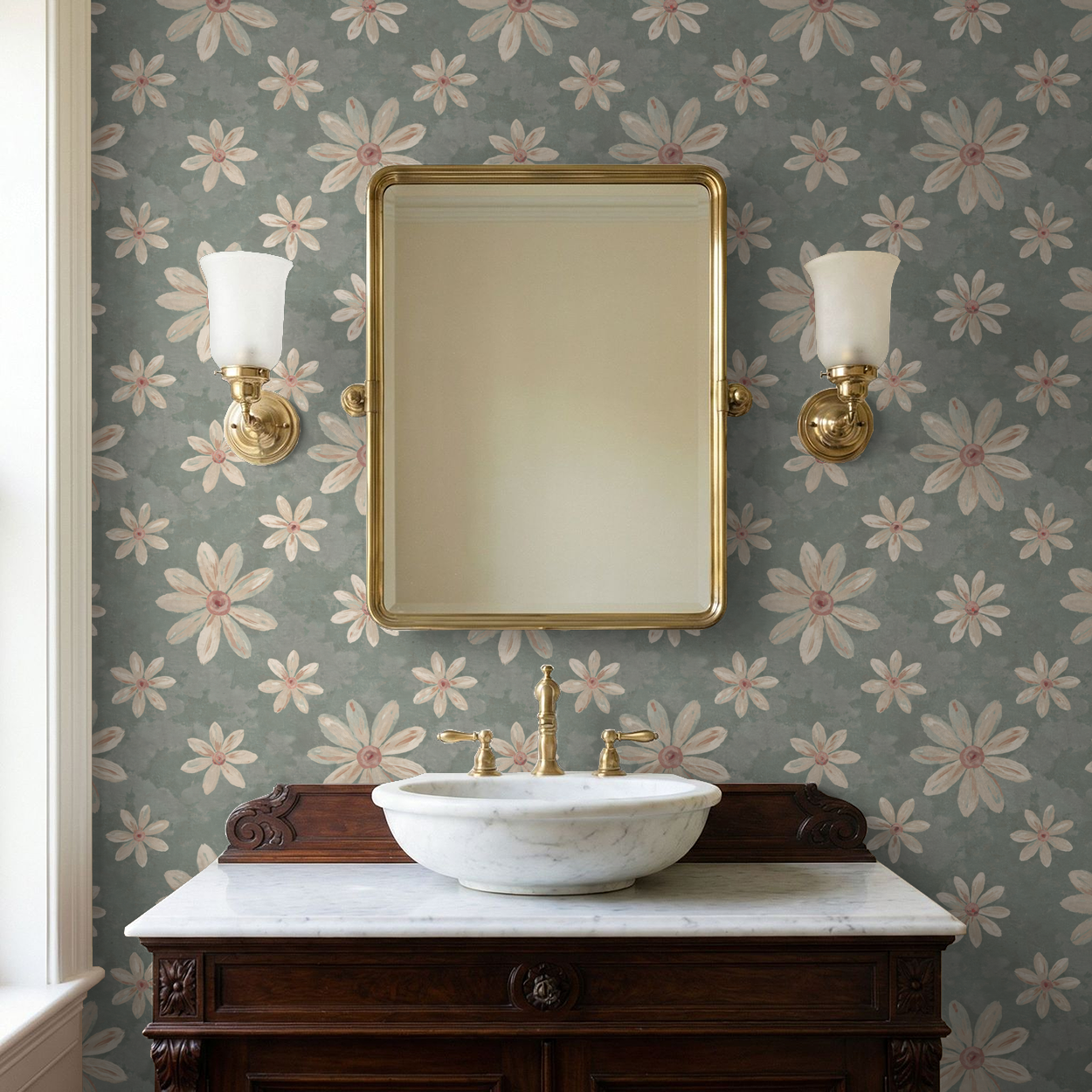 Floral wallpaper with creamy white and dusty pink flowers on sage background in vintage bathroom.