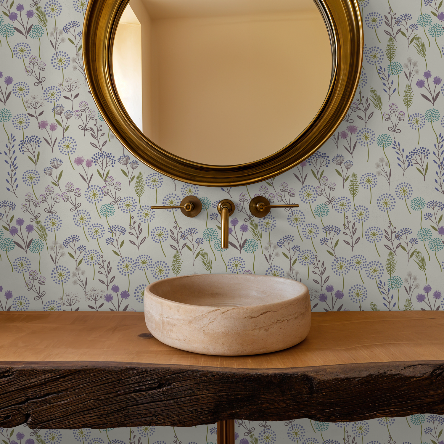 Floral wallpaper with lavender, teal, and green pattern in rustic bathroom setting.