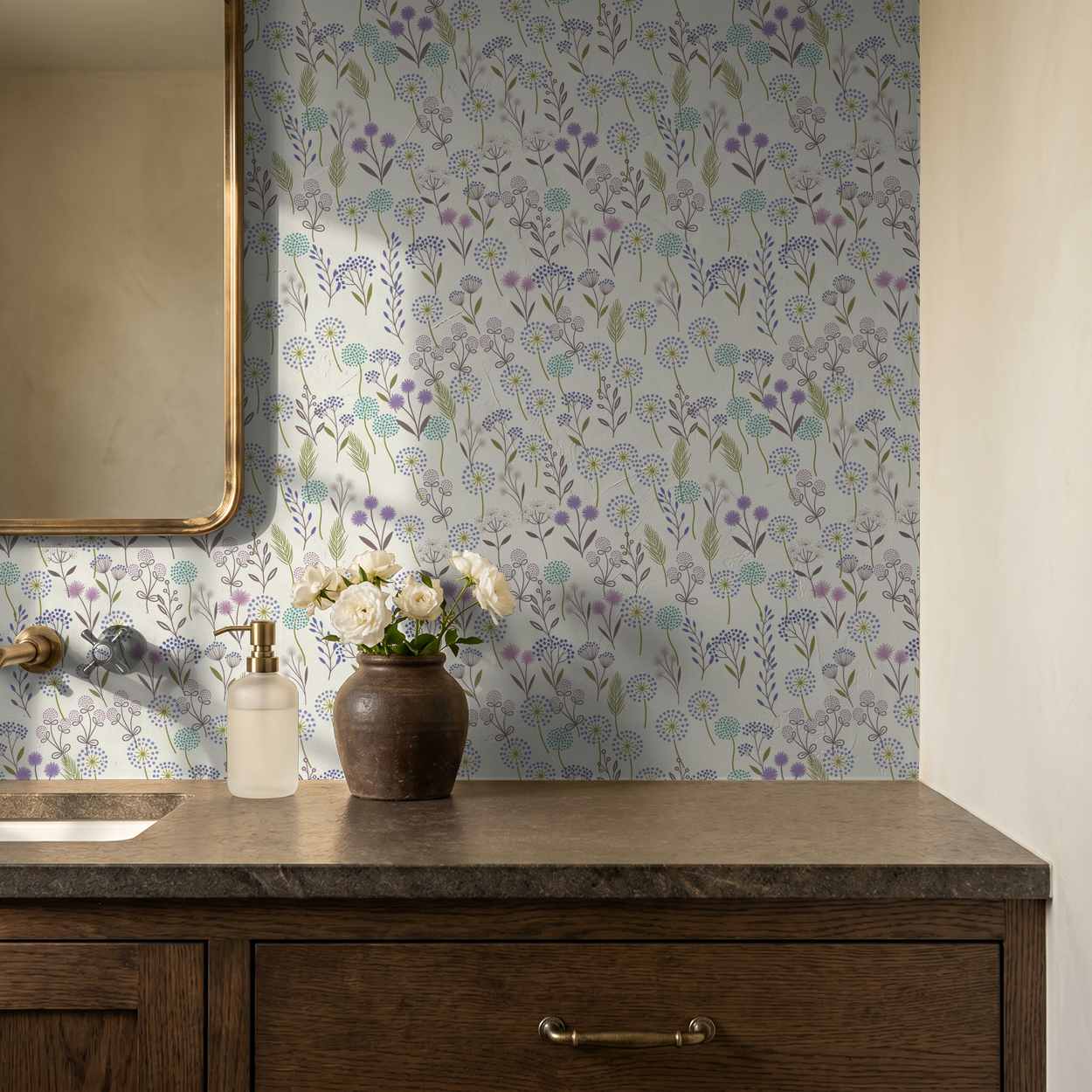 Floral wallpaper in lavender, teal, sage on cream background in elegant bathroom setting.