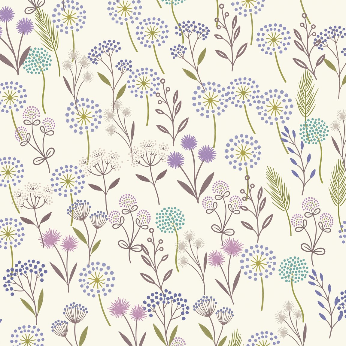 Floral wallpaper with lavender, teal, and sage green on a cream background.
