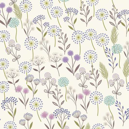 Floral wallpaper with lavender, teal, and sage green on a cream background.