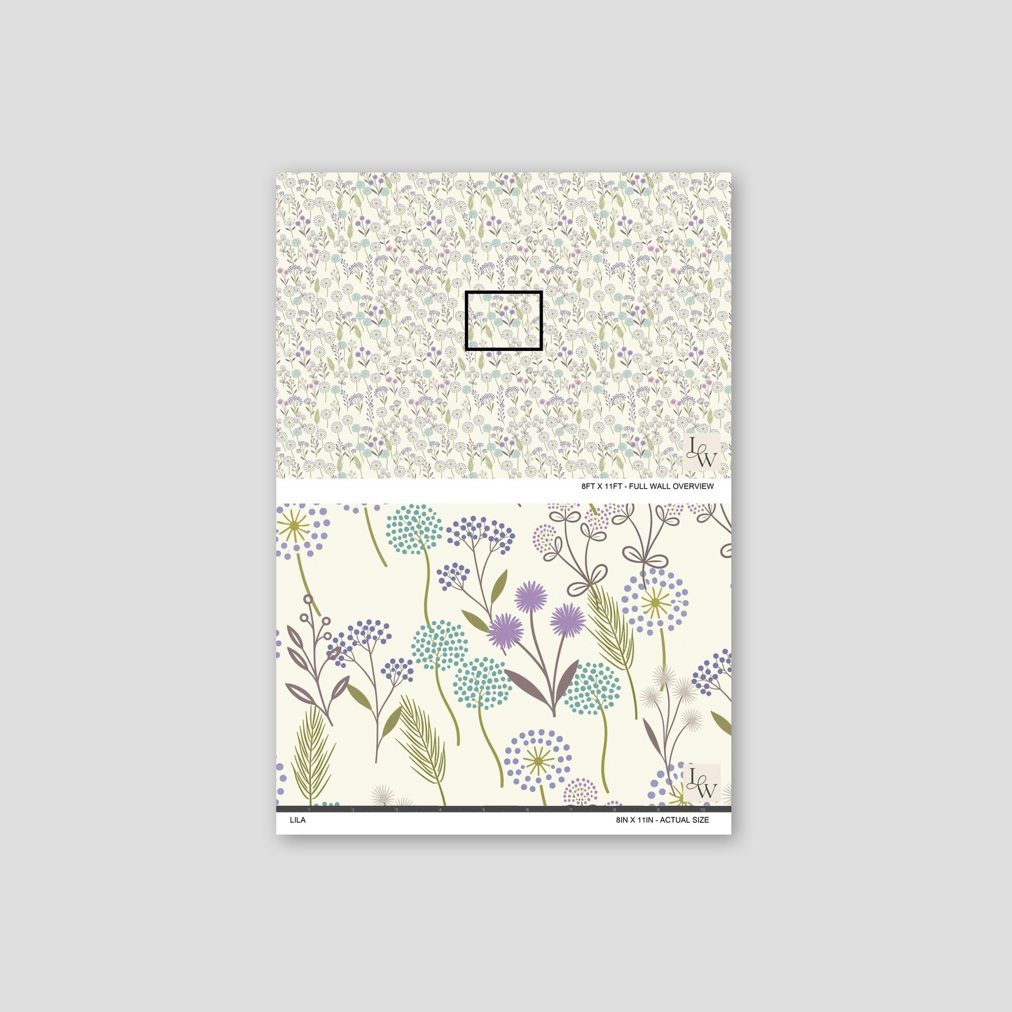 Floral wallpaper with lavender, teal, sage on cream backdrop sample.