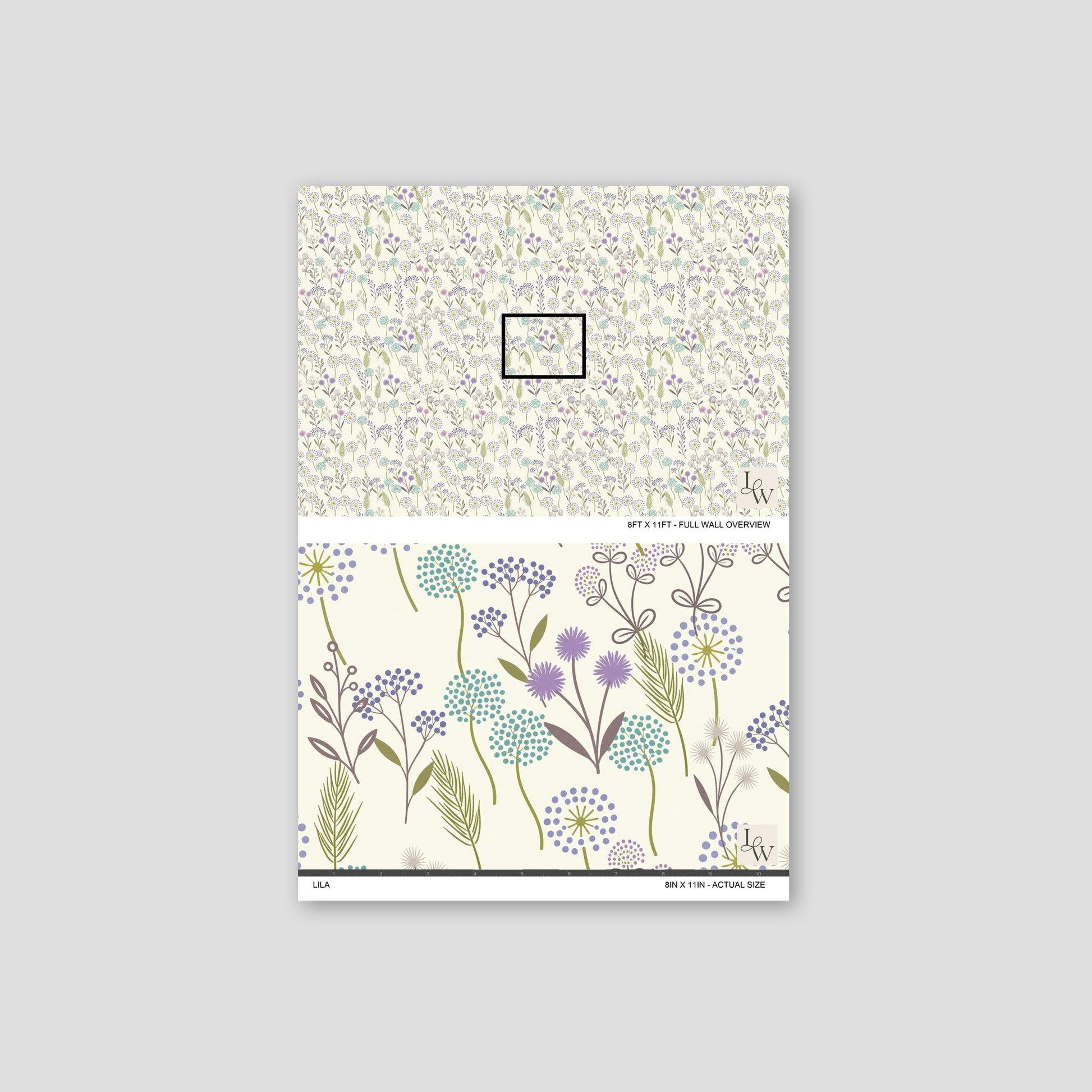 Floral wallpaper with lavender, teal, sage on cream backdrop sample.