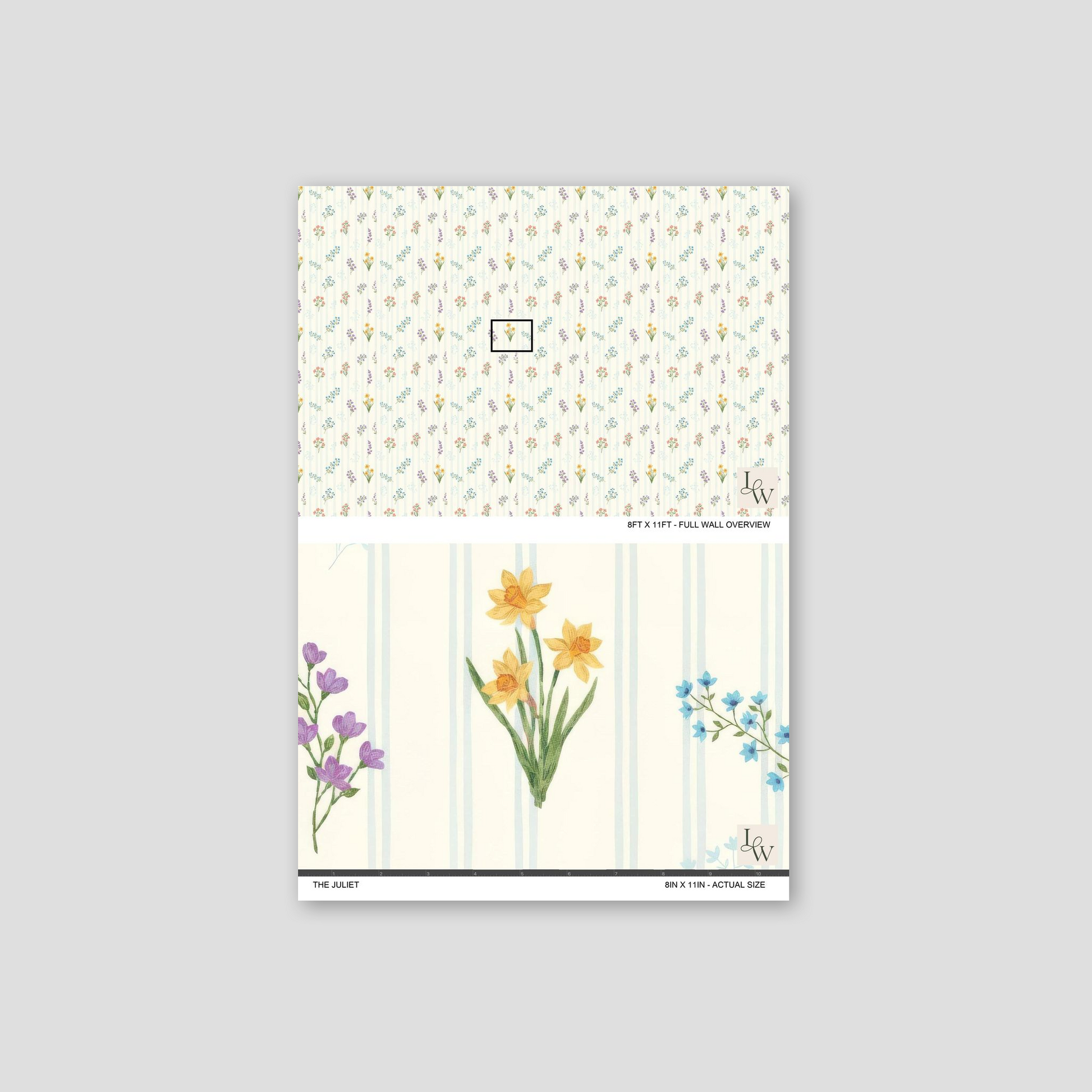 Floral wallpaper with delicate bouquets on creamy backdrop featuring pastel lavender, blush, and daffodil.