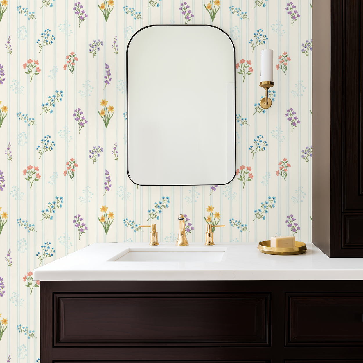 Floral wallpaper with pastel bouquets on creamy backdrop in elegant bathroom.