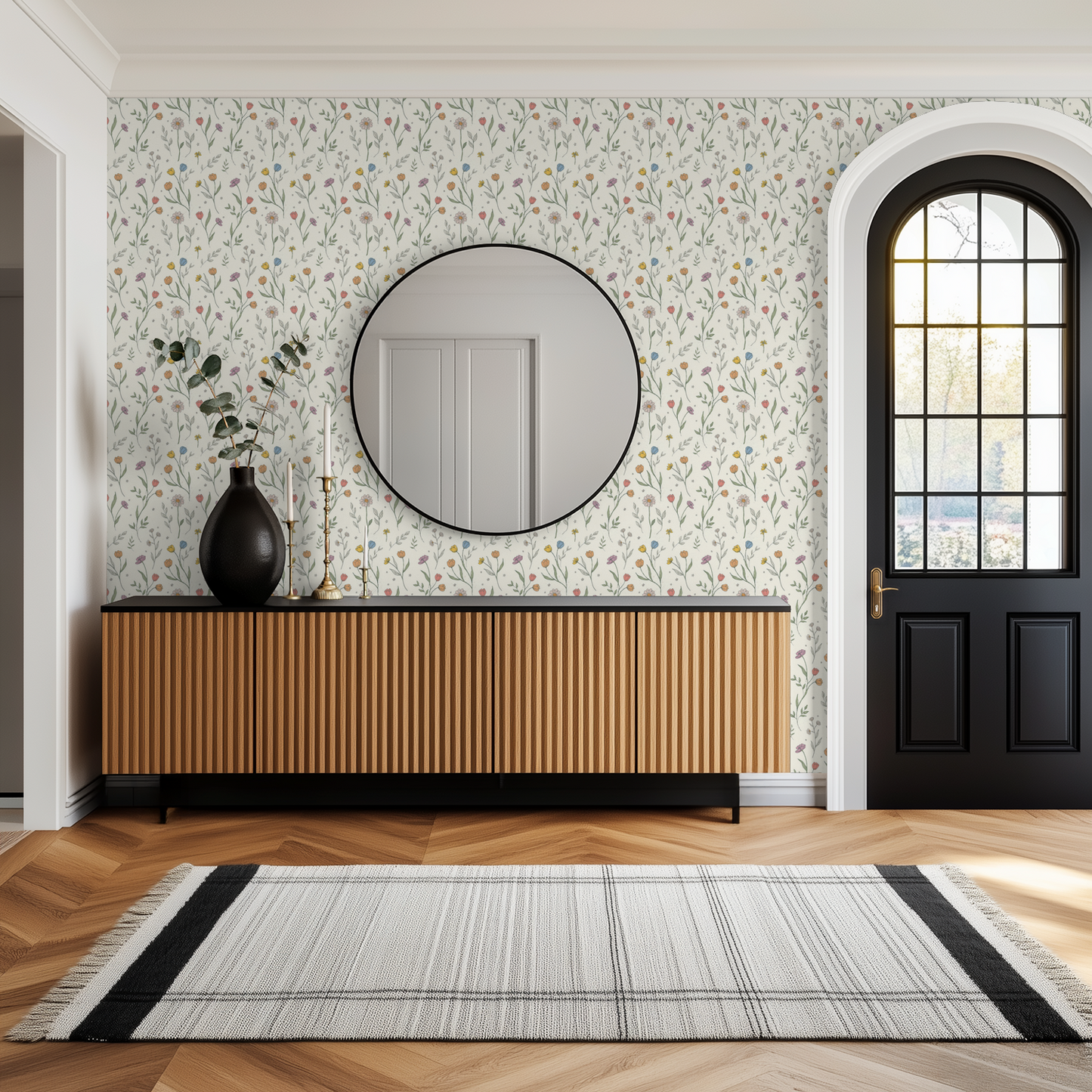 Floral wallpaper with pastel flowers in modern entryway with mirror and console table.