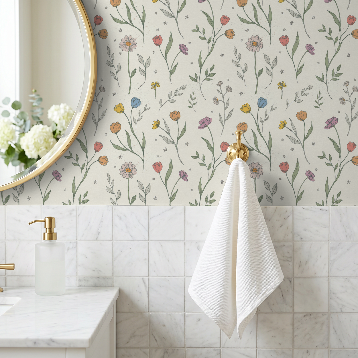 Floral wallpaper with pastel tulips and daisies in a bathroom setting.