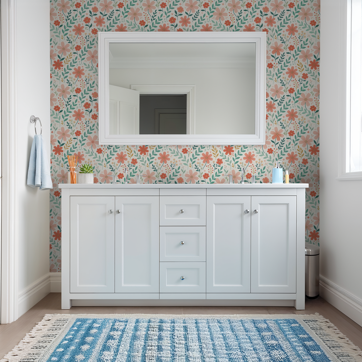 Floral wallpaper with peach and coral blooms in a bathroom setting
