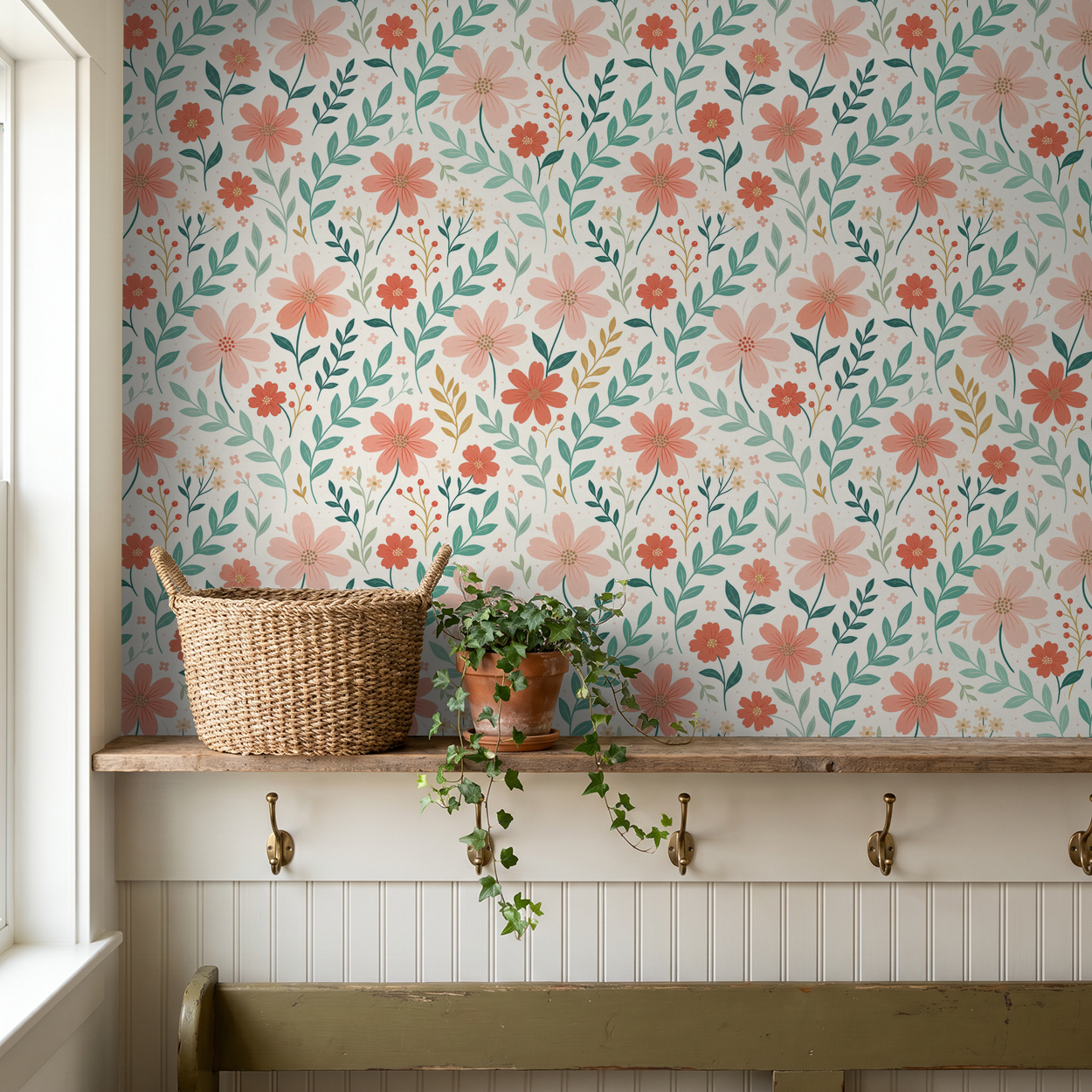 Floral wallpaper with peach and coral blooms, green foliage in rustic room.