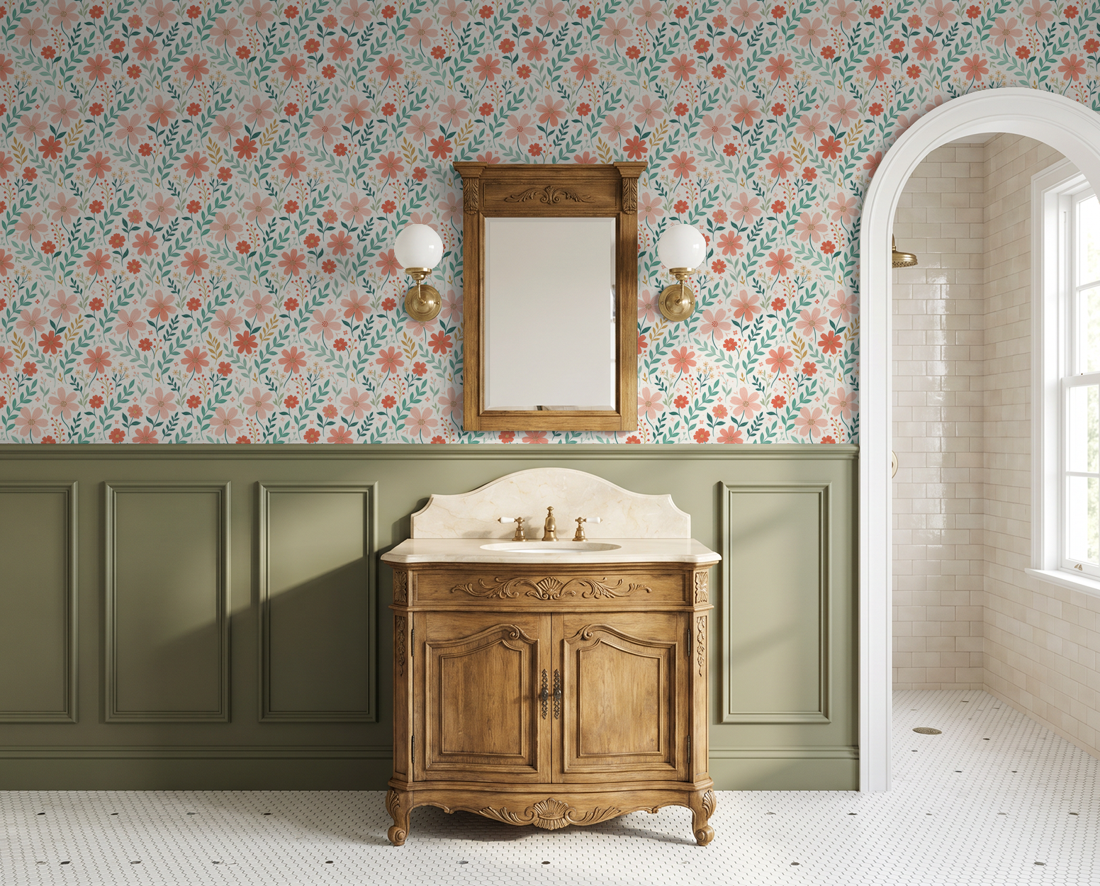 Floral wallpaper with peach and coral blooms in vintage bathroom setting.