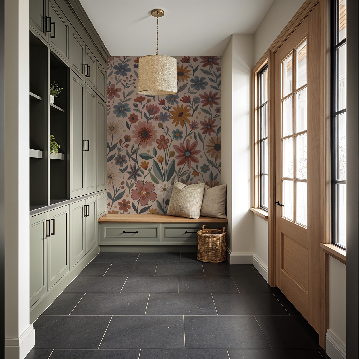 Floral wallpaper with terracotta and blue flowers in a cozy mudroom setting.