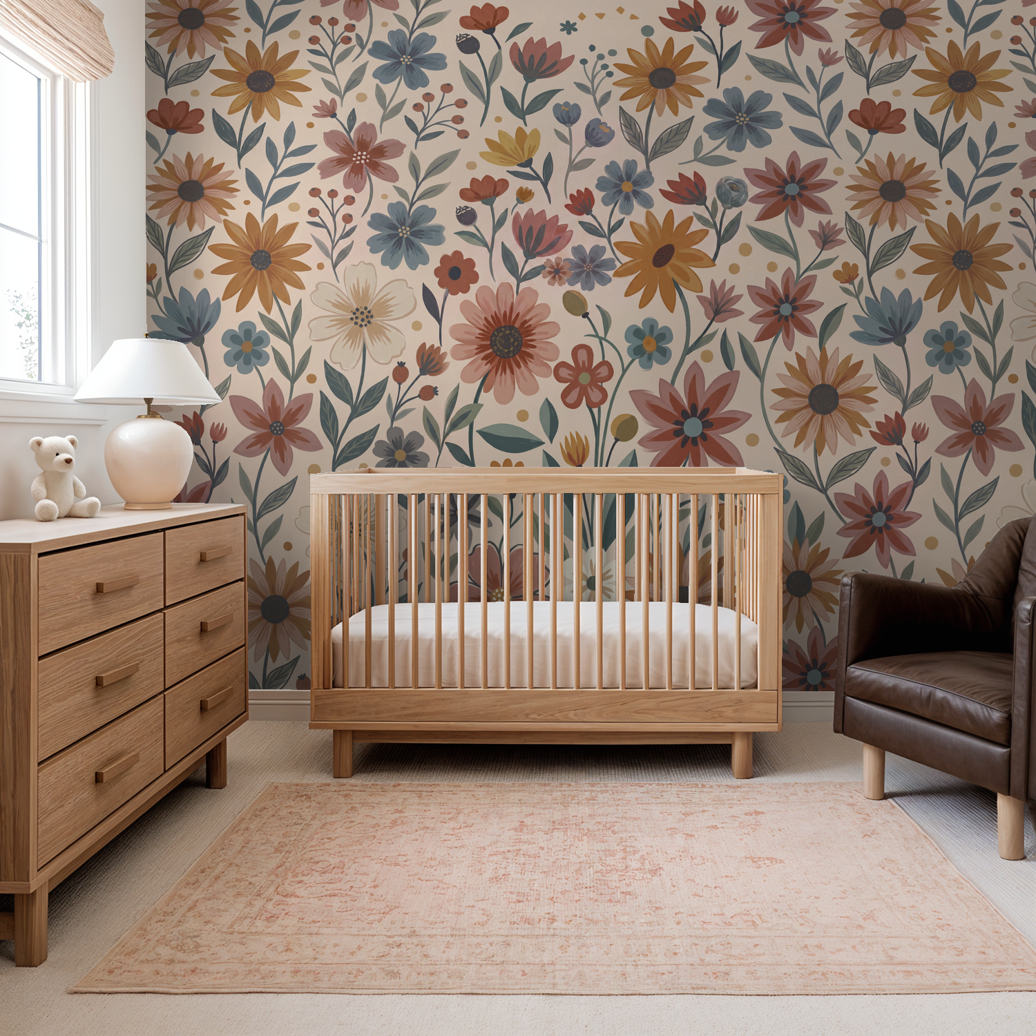 Floral wallpaper with terracotta, mustard, and blue flowers in a cozy nursery.