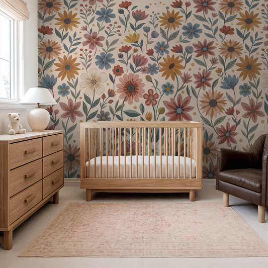 Floral wallpaper with terracotta, mustard, and blue flowers in a cozy nursery.