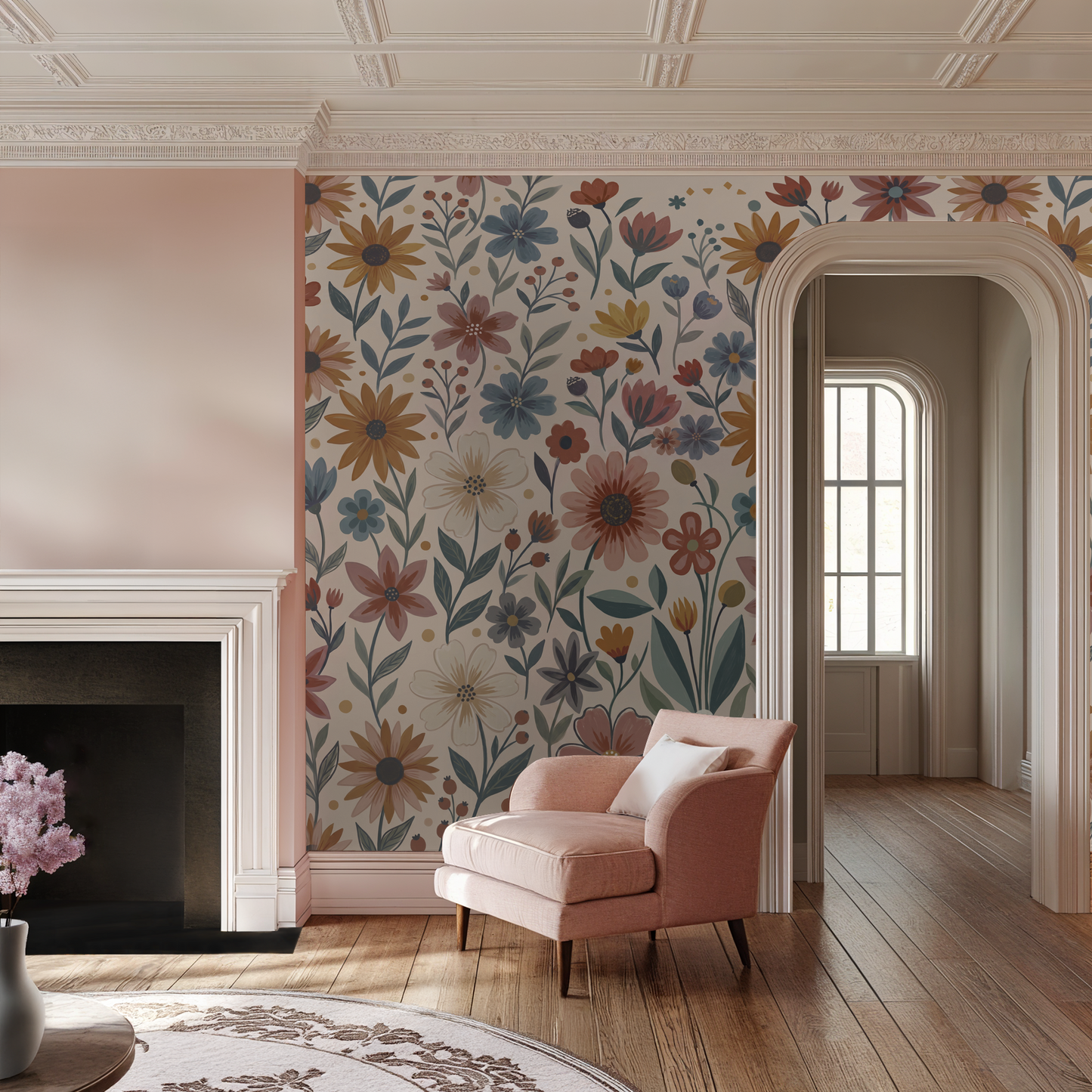 Floral wallpaper with terracotta, mustard, and blue flowers in elegant living room setting.