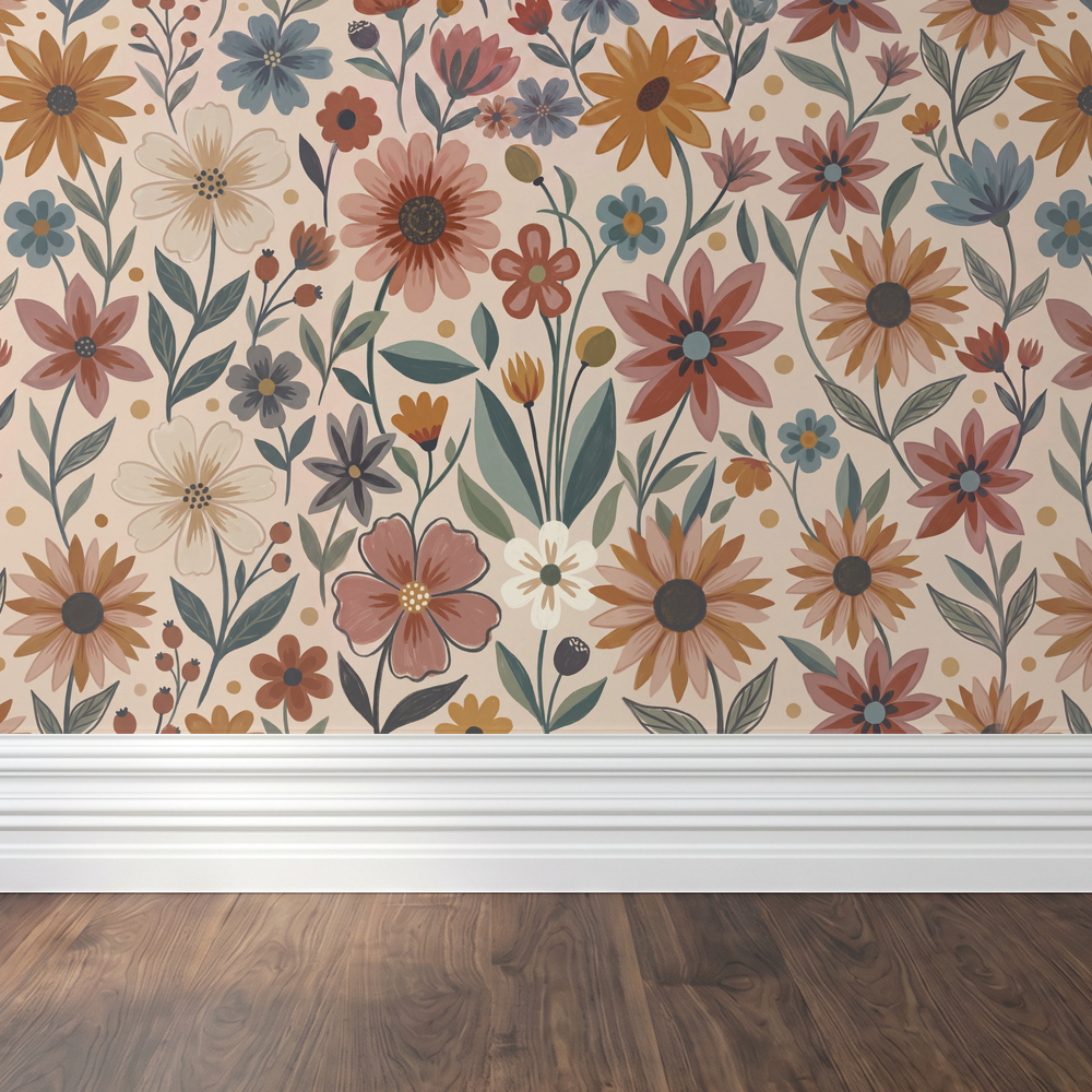 Floral wallpaper with terracotta, mustard, and blue flowers on a cream background.