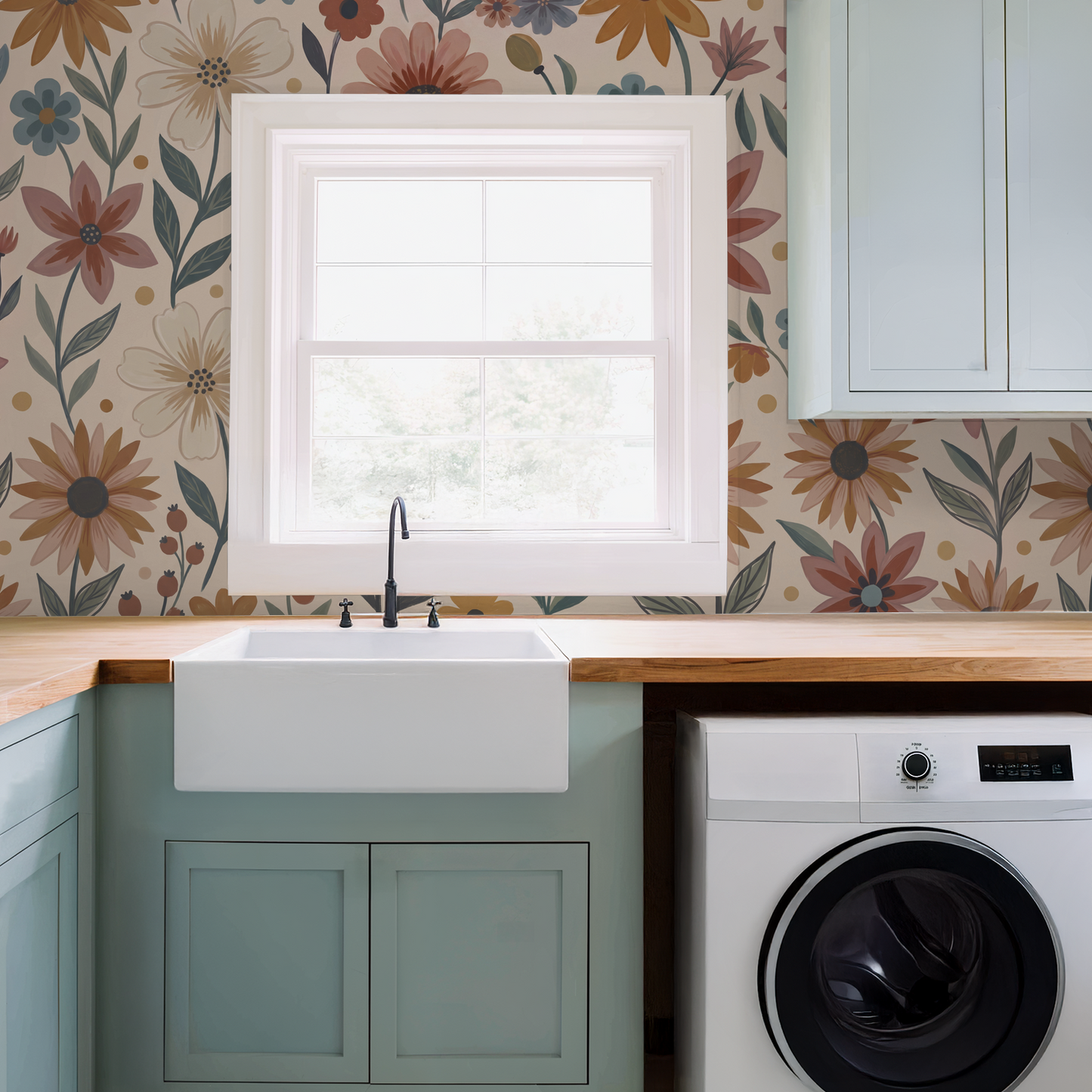 Floral wallpaper in terracotta, mustard, and blue in a laundry room with sink.