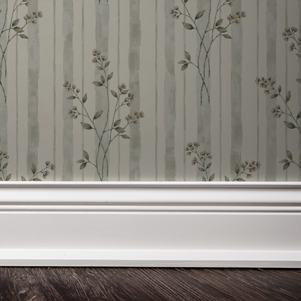 Floral wallpaper with vertical stripes and foliage pattern in muted tones.