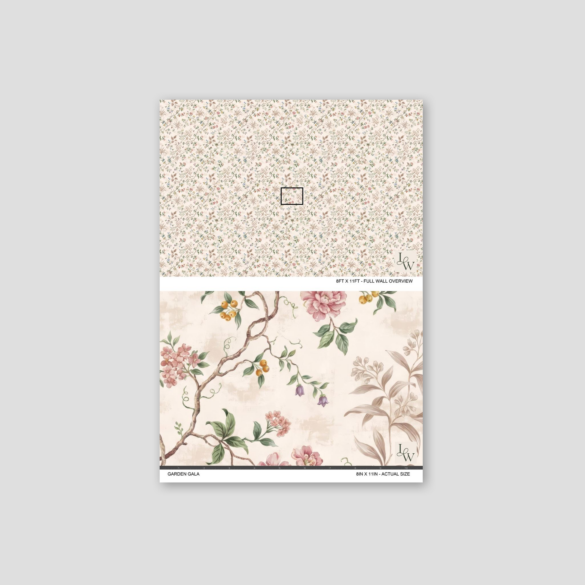 Garden Gala wallpaper with intricate floral vines and pastel colors, sample and full view.