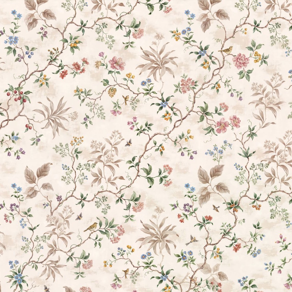 Garden Gala wallpaper with intricate floral vines in pastel hues on a cream background.
