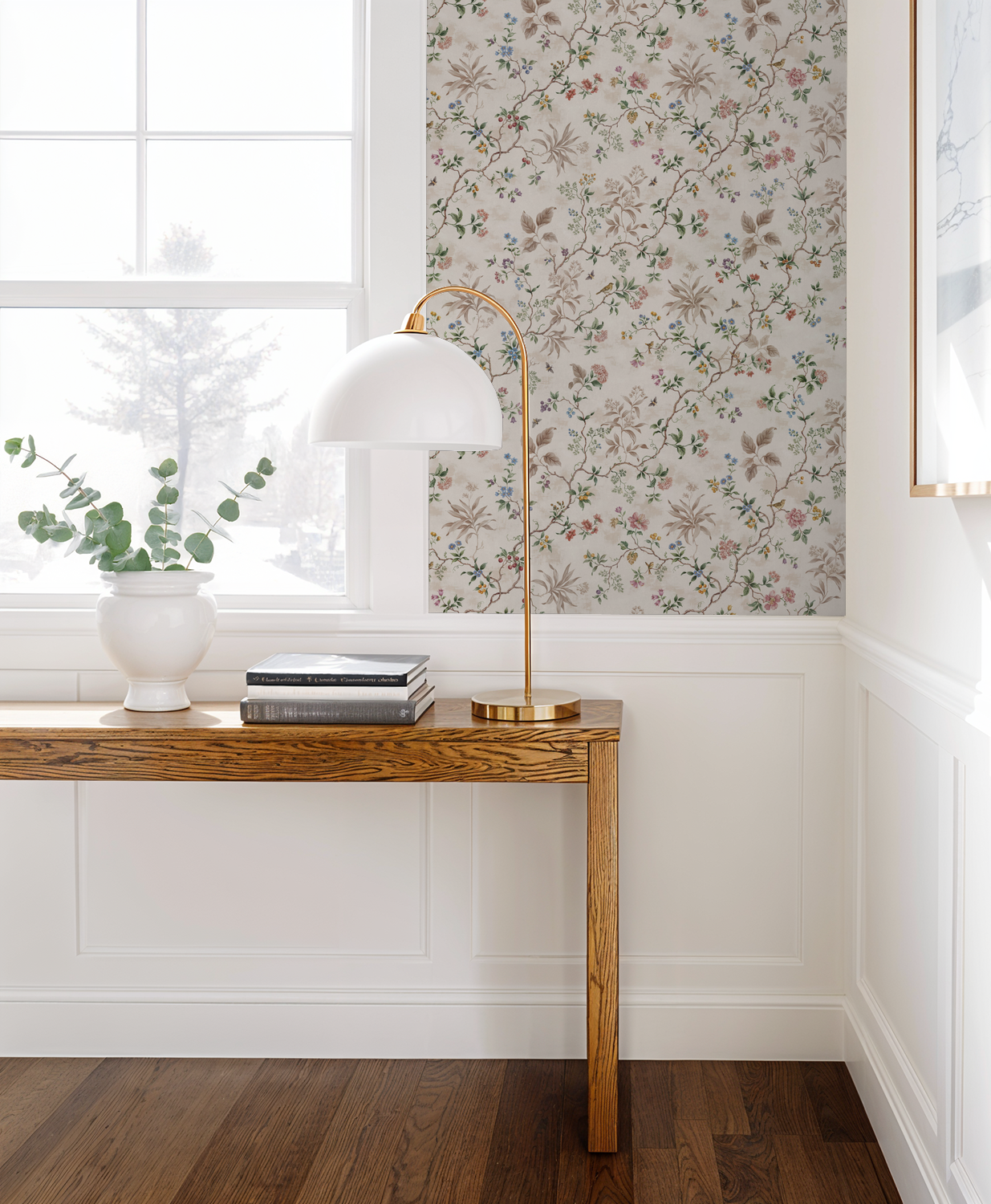 Garden Gala floral wallpaper with pastel vines in elegant room setting