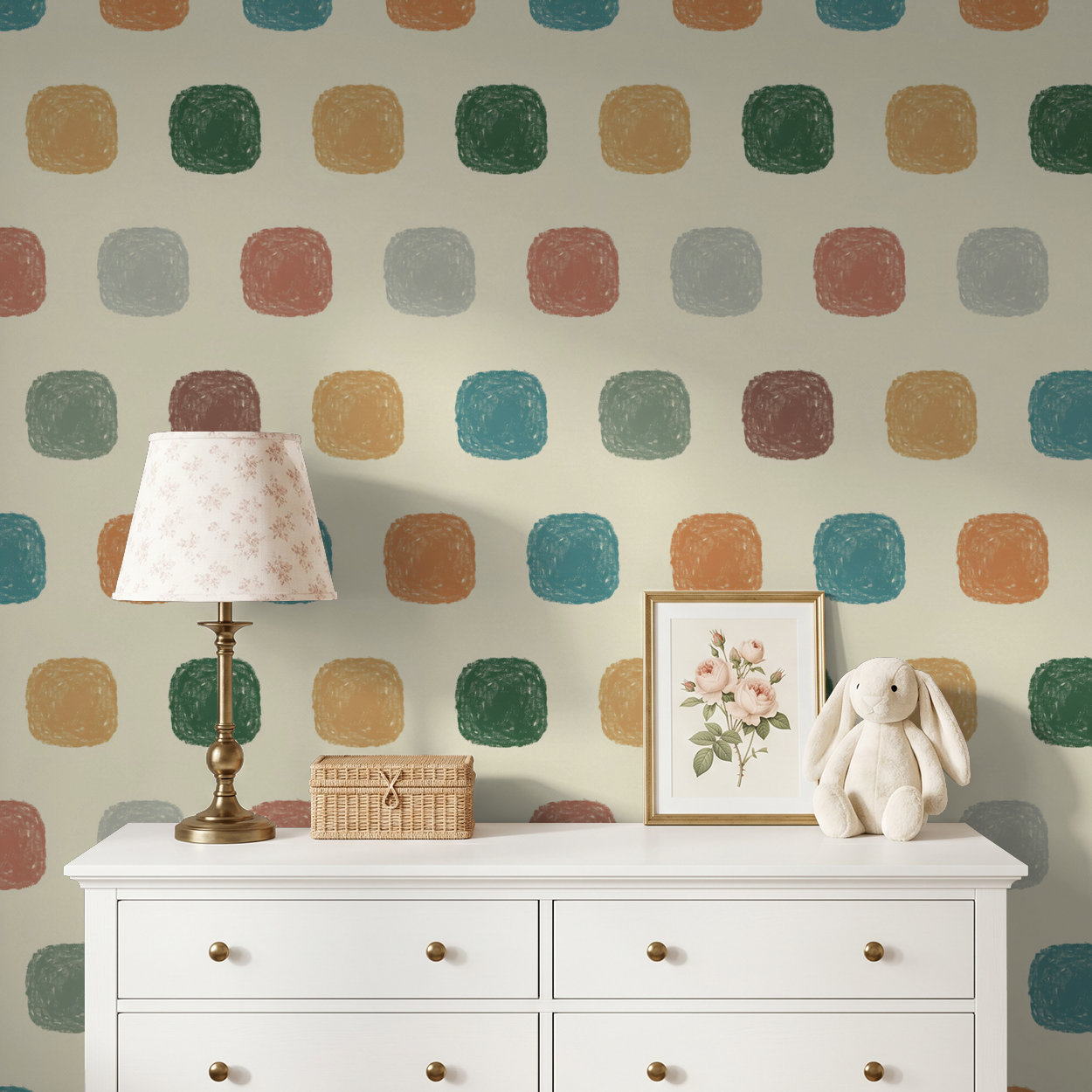 Geometric wallpaper with colorful rounded squares in a cozy nursery setting.