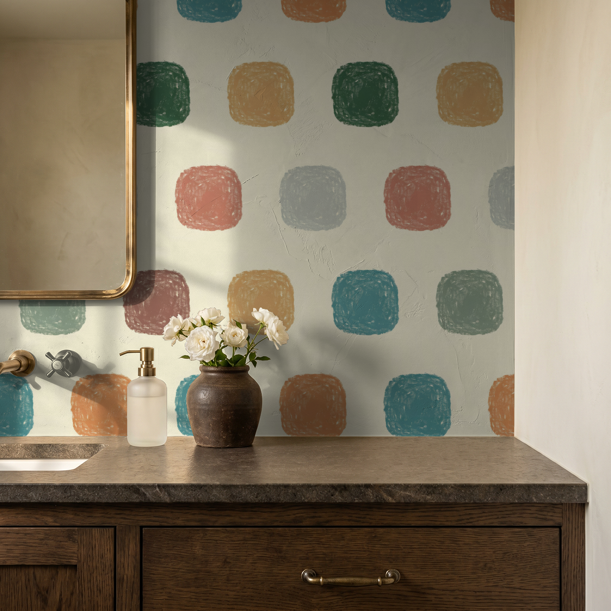 Geometric wallpaper with rounded squares in earth tones in a bathroom setting.