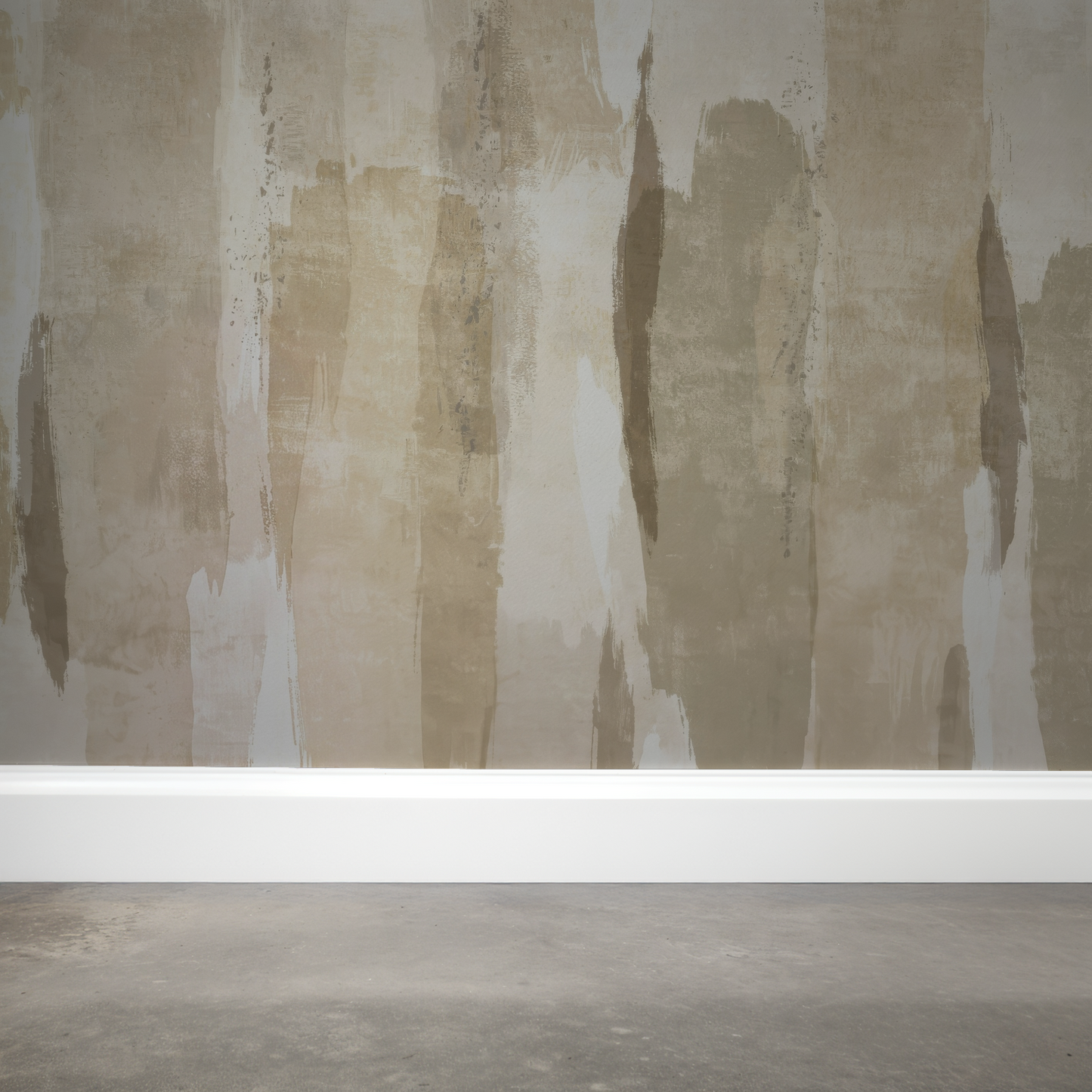 Gold Sweep wallpaper with earthy tones and abstract vertical brushstrokes in a room setting.