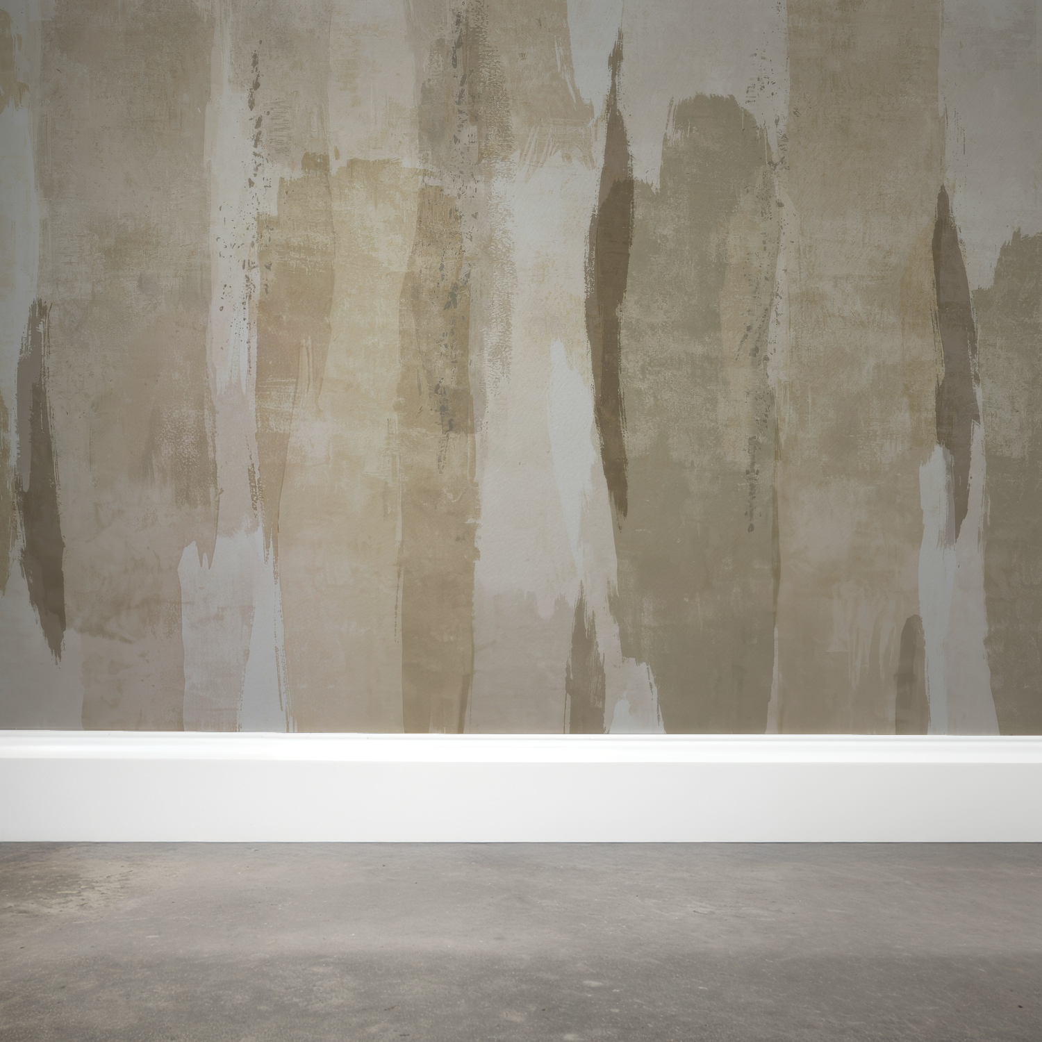 Gold Sweep wallpaper with earthy tones and abstract vertical brushstrokes in a room setting.