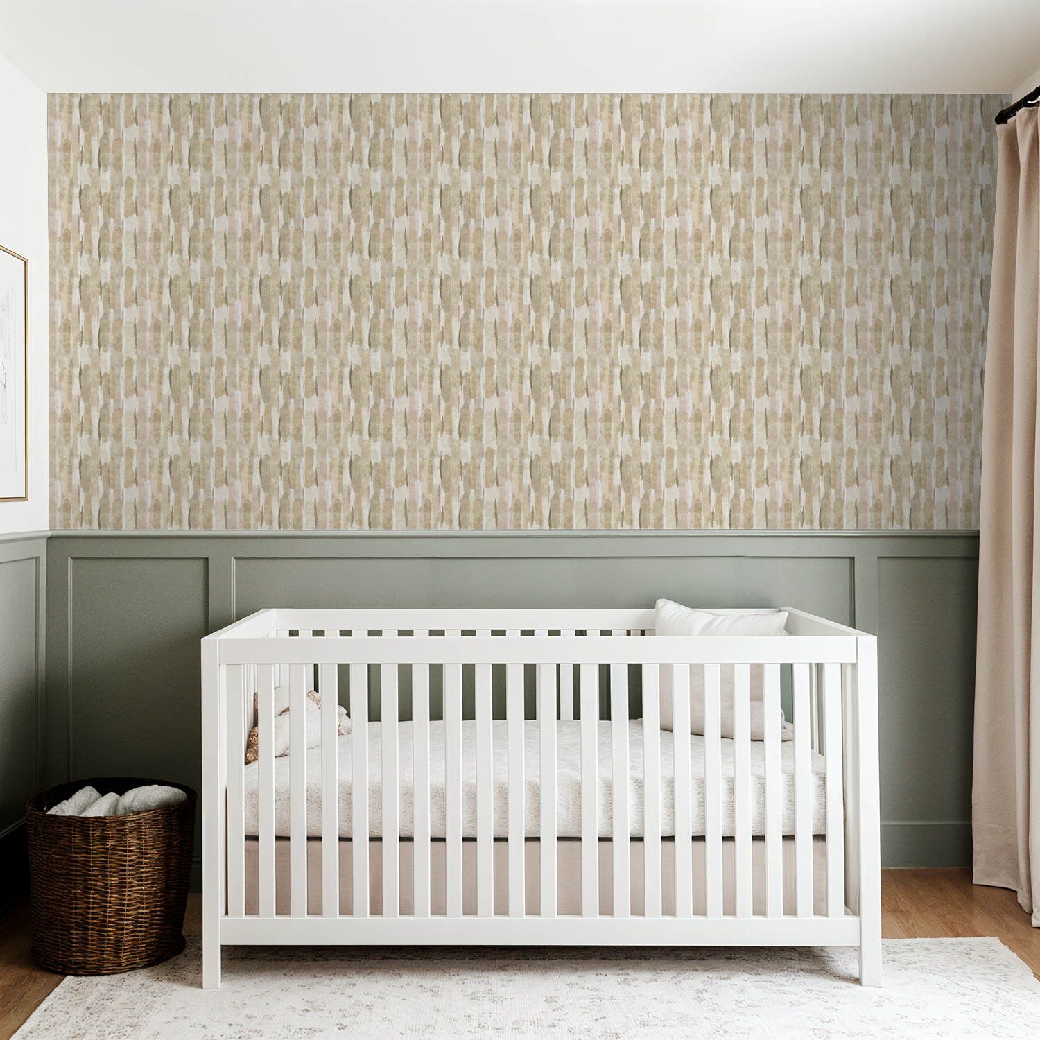 Gold Sweep wallpaper with earthy tones in a nursery setting with a white crib.