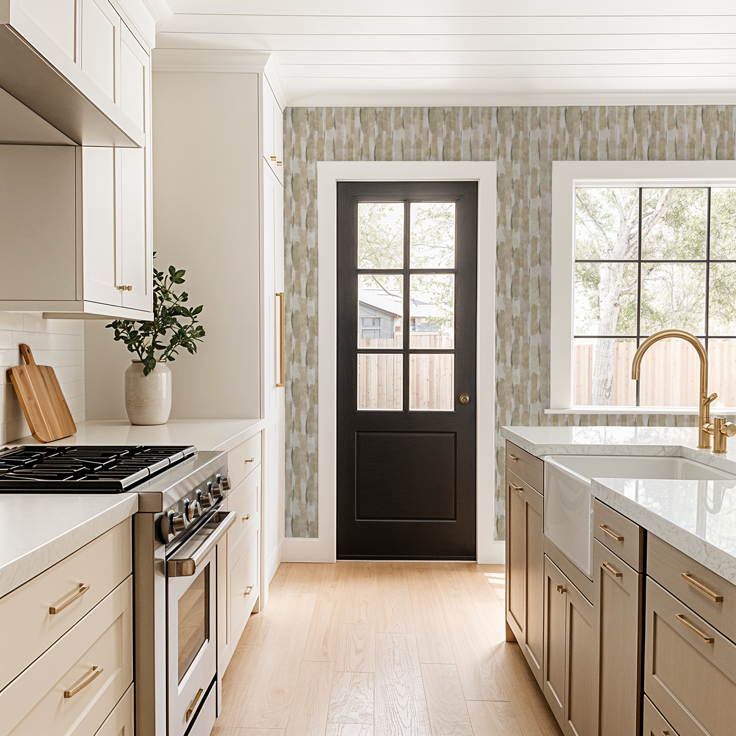 Gold Sweep wallpaper with earthy tones in a modern kitchen setting