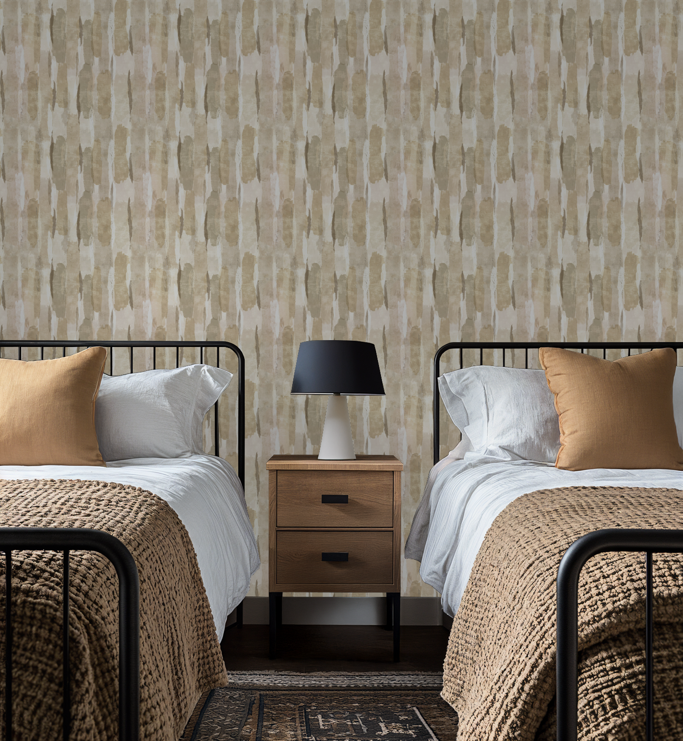 Gold Sweep wallpaper with taupe and beige brushstrokes in a cozy bedroom setting.
