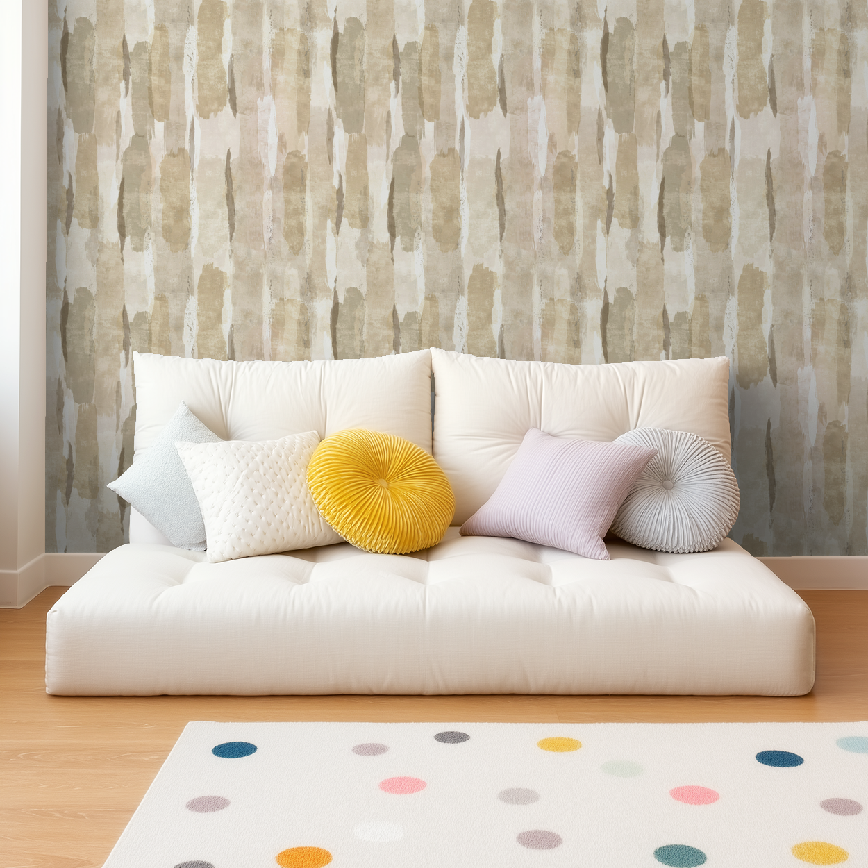 Gold Sweep wallpaper with earthy tones in a modern living room with a white sofa and colorful cushions.