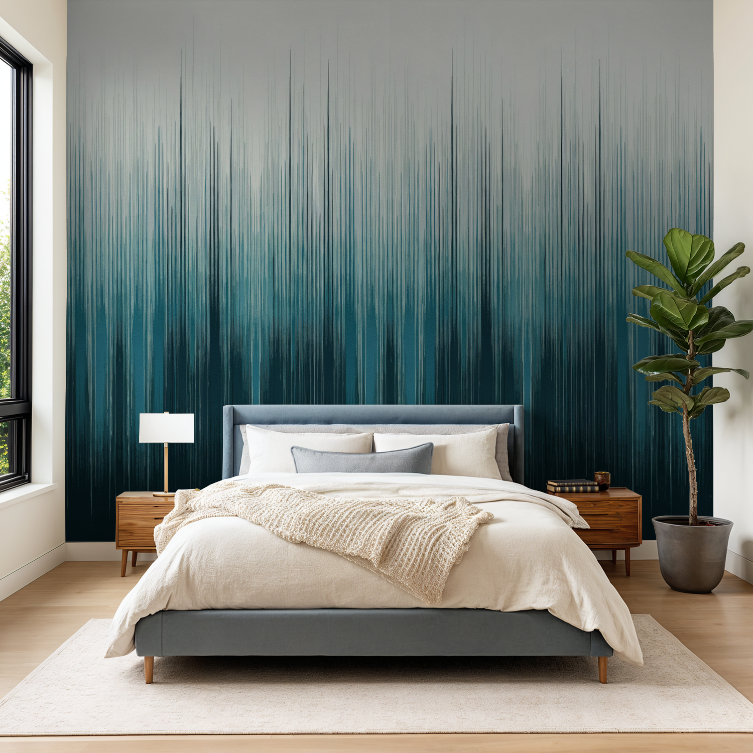 Gradient teal and navy striped wallpaper in modern bedroom with bed and plant.
