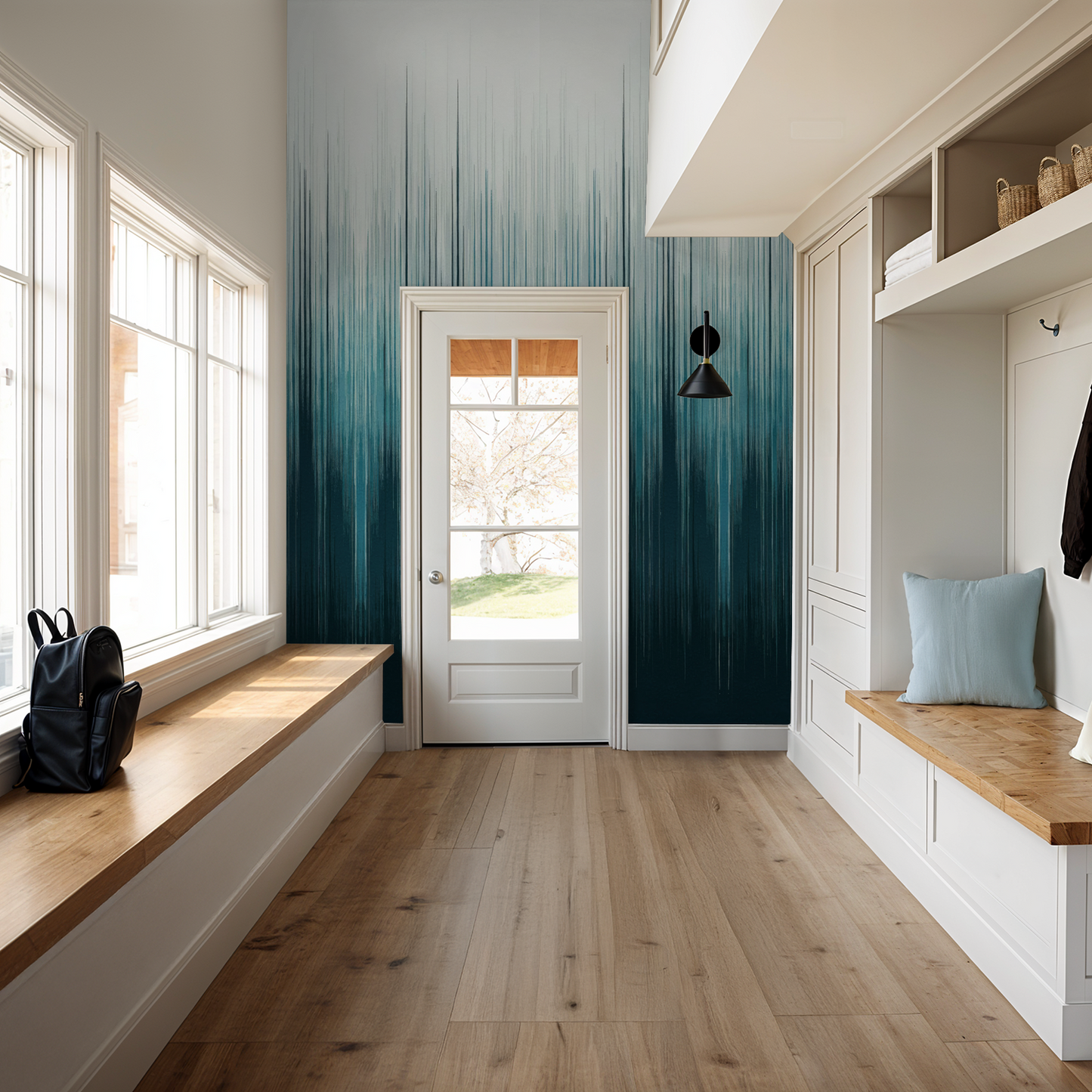 Gradient teal and navy wallpaper in modern entryway with wood accents.